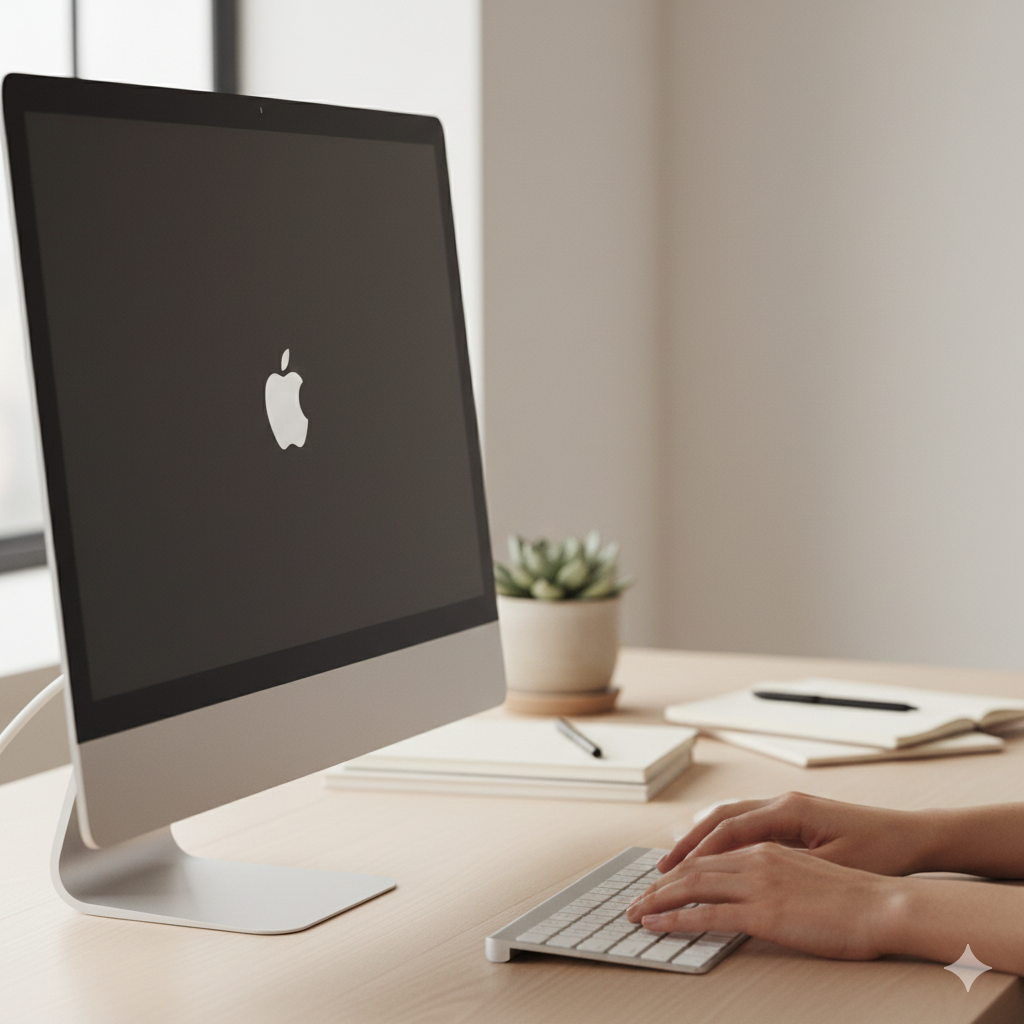 People working on an Apple iMac computer at a desk with notebooks, a pen, and a potted plant.