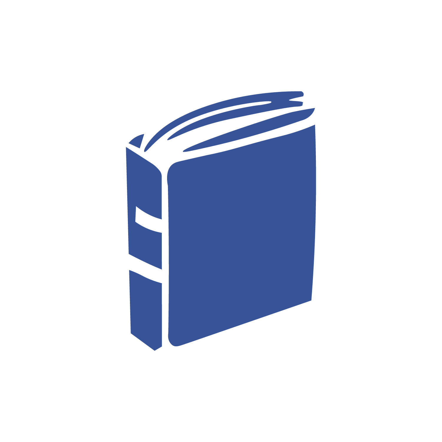 Illustration of a closed blue book with black details on its spine, viewed at a slight angle.