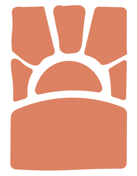 A stylized graphic of a human hand showing the palm and fingers, created with simple, bold lines and filled with a light coral color.