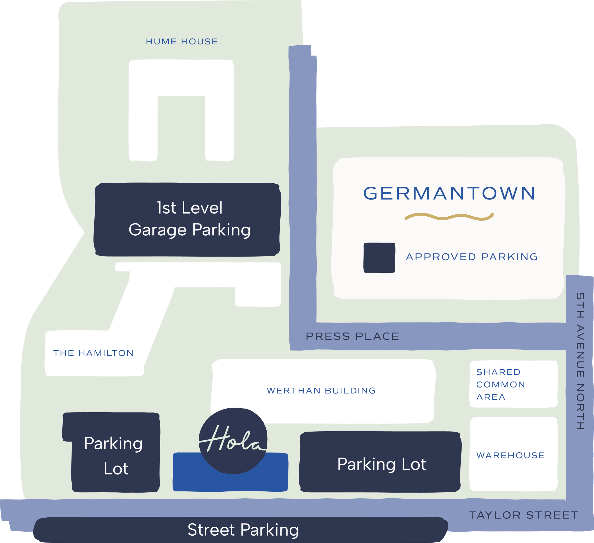Map of a parking and building complex, showing 1st level garage parking, parking lots, buildings including Hamilton, Werthan Building, Warehouse, and Germantown, and streets Taylor Street and 5th Avenue North.