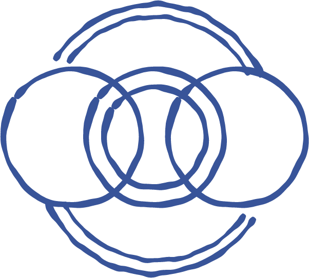 Abstract line drawing of overlapping circles in blue on black background