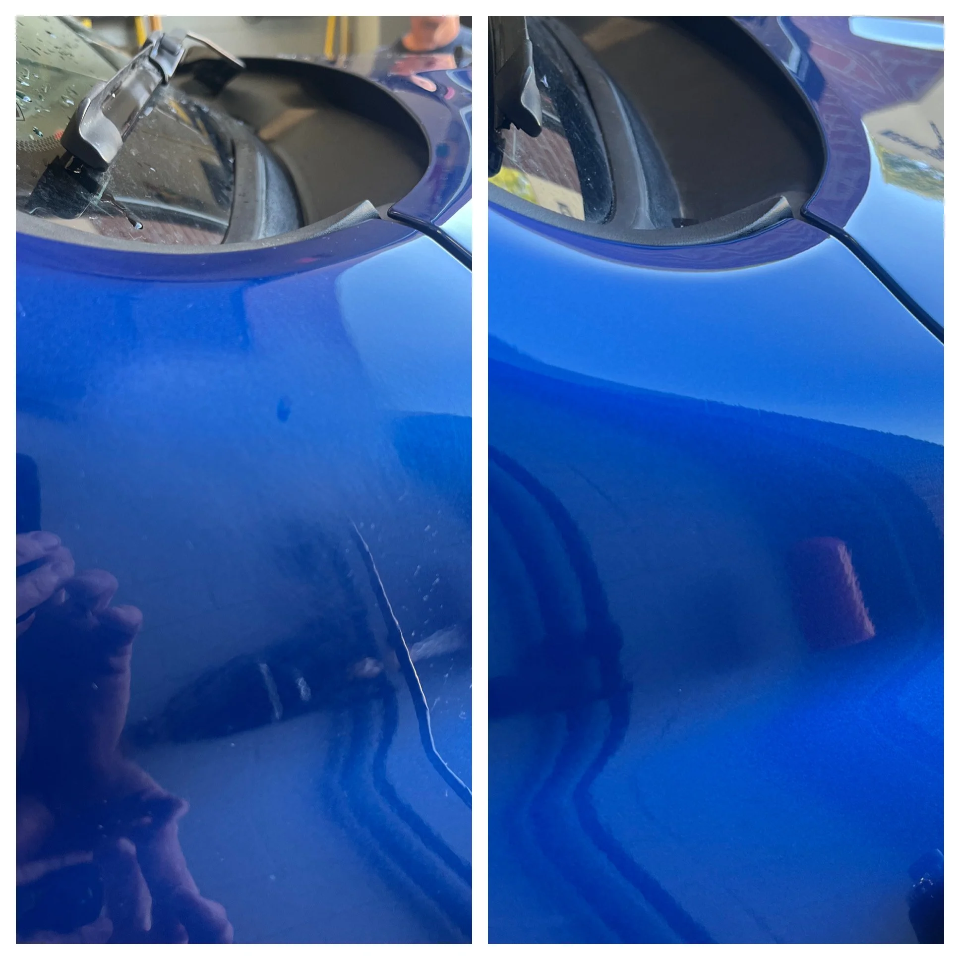 Close-up of a blue car's hood showing a crack and a scratch, with a windshield and wipers visible at the top.