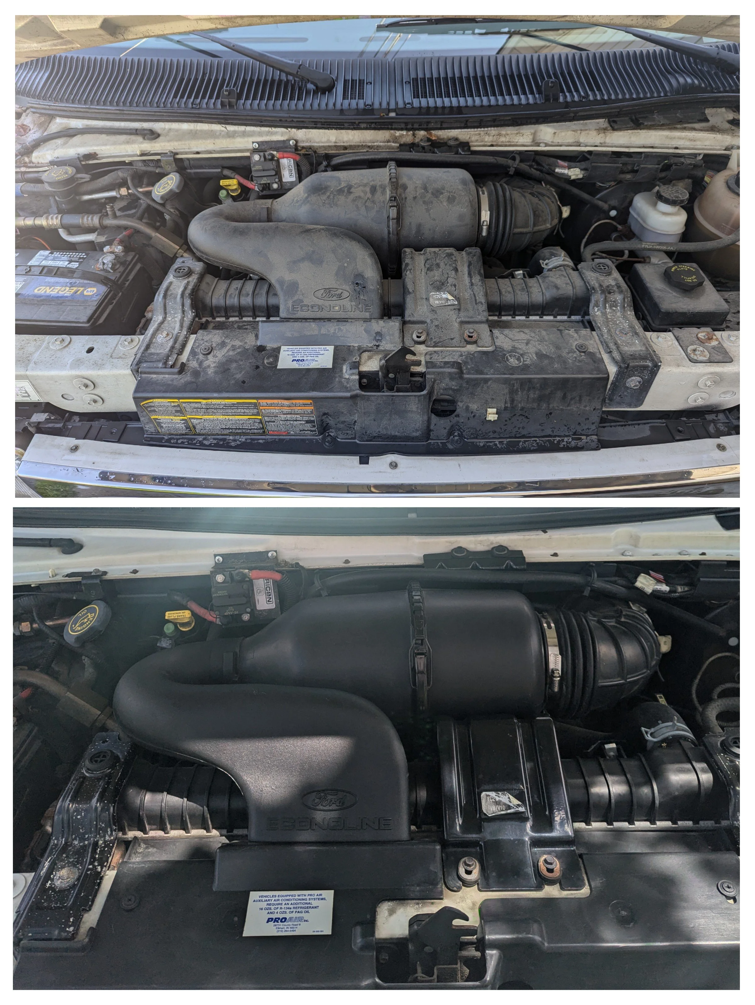 Before and after images of a car engine, showing a dusty, dirty engine bay in the top image and a clean, upgraded engine bay with a new air intake system in the bottom image.
