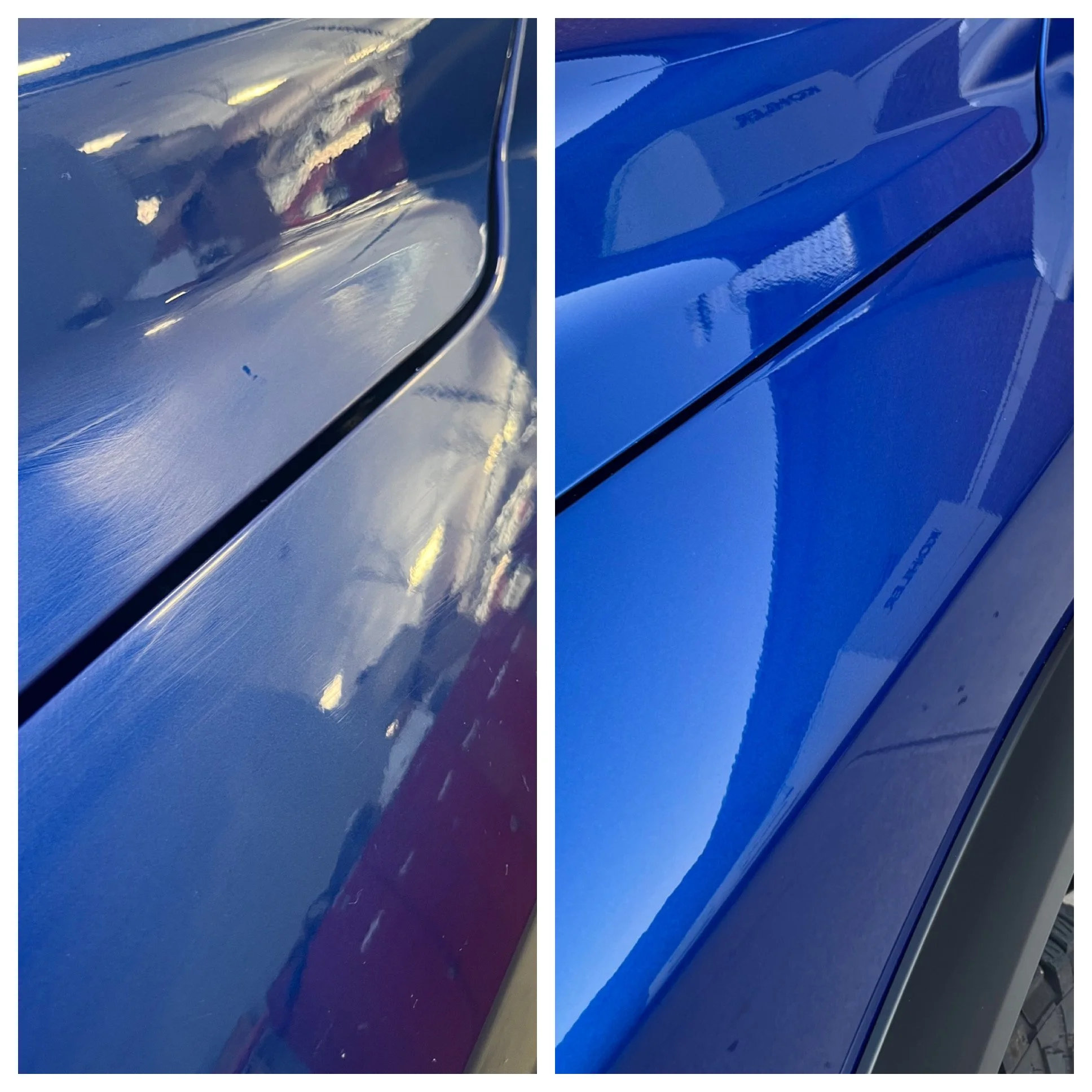Side-by-side comparison of a blue car's exterior, showing before and after cleaning or polishing, with reflections on the surface.