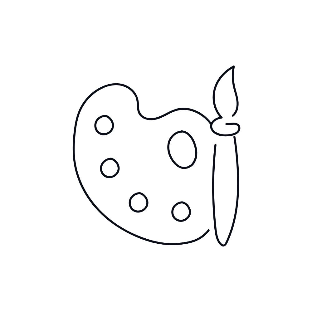 Black outline of an artist’s palette with paint and a paintbrush representing creative process of designing a workshop or speaking even