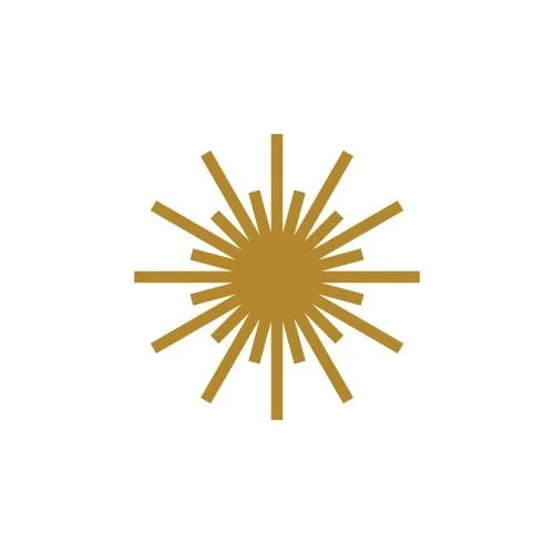 Gold sunburst icon with uneven rays radiating from a central circle on a white background.