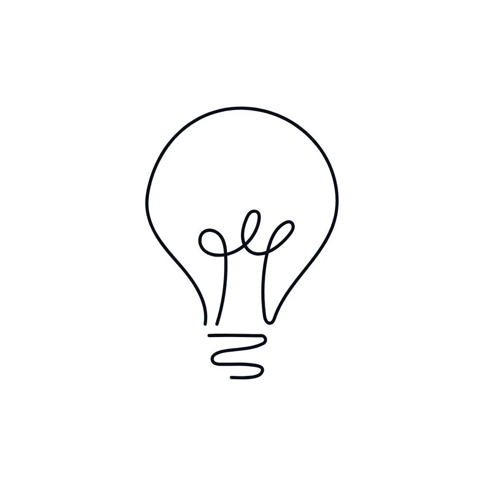 Minimalist black line drawing of a light bulb on a white background.