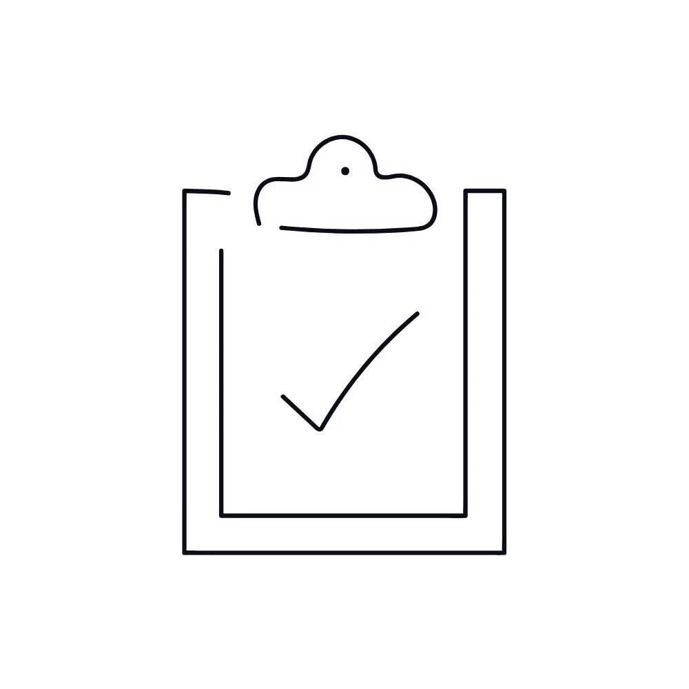 Simple line drawing of a clipboard with a check mark, perfect for representing a BIPOC keynote speaker's teaching method