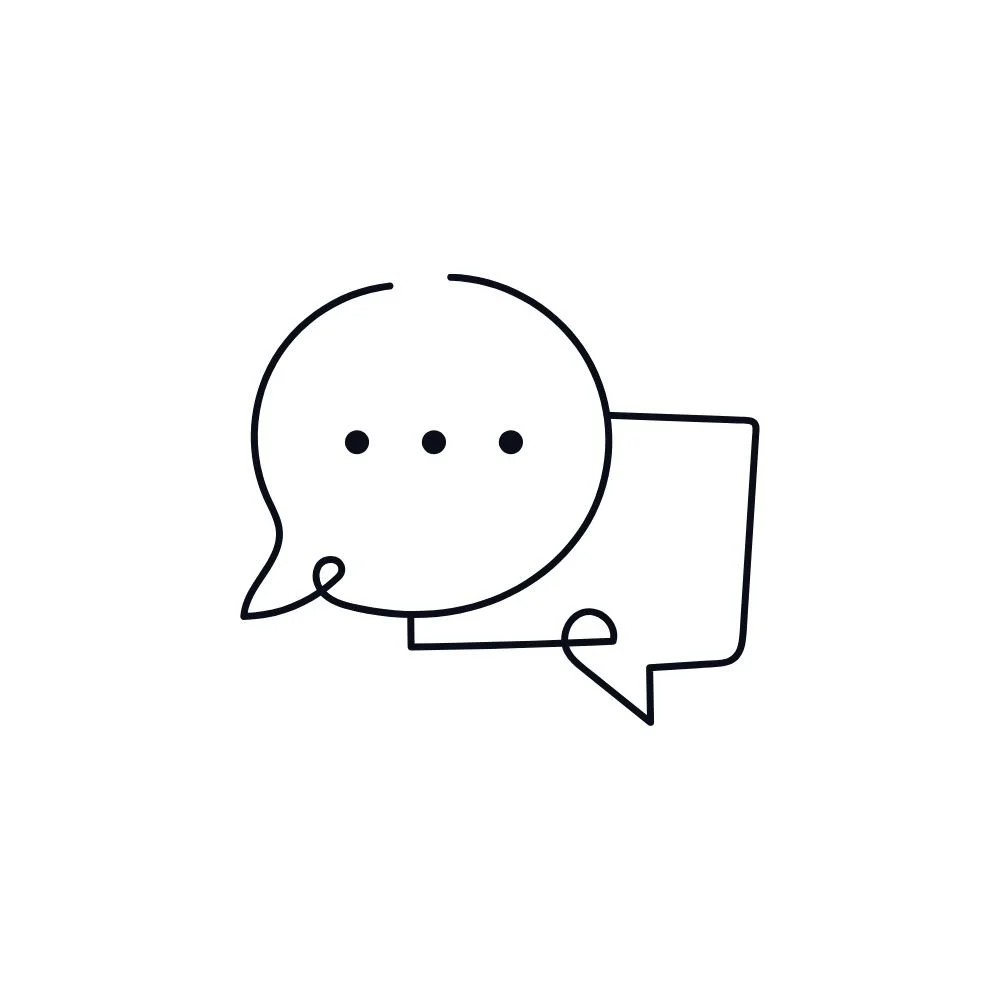 Two overlapping speech bubbles, one with three dots, symbolizing a community wellness workshop conversation on a white background.