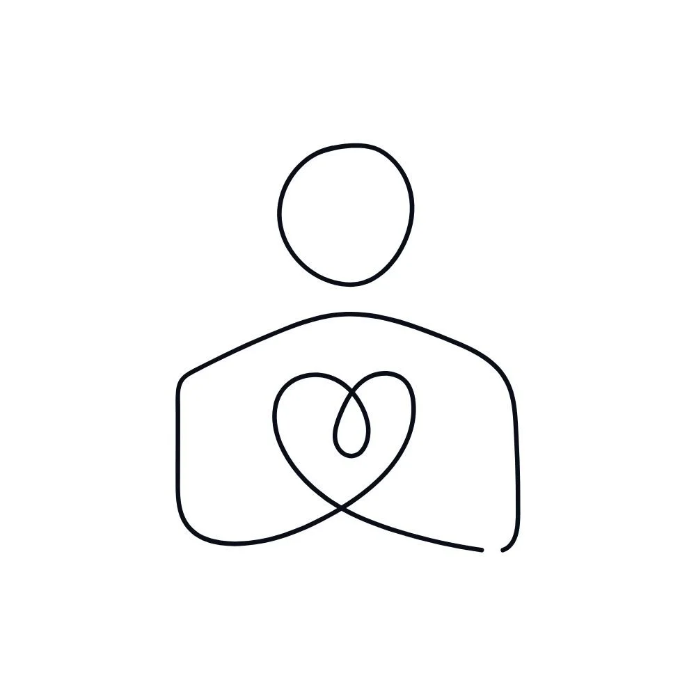 Simple line drawing of a keynote speaker female holding a heart shape to her chest, symbolizing care or love, on a white background.