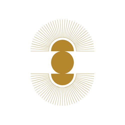 Gold geometric shapes with radiating lines form a symmetrical, abstract design on a black background.