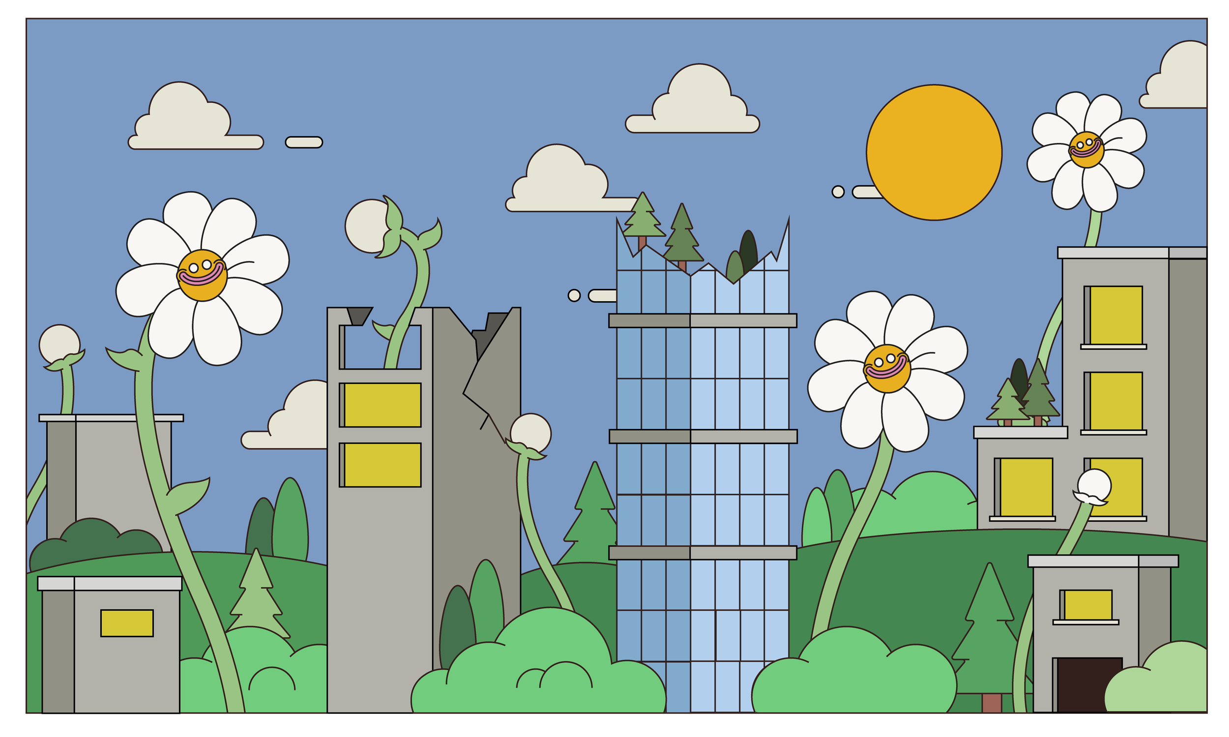 A cartoon illustration of a cityscape with several tall buildings, some broken or damaged, surrounded by large flowering plants with daisy-like flowers with smiling faces. The background shows a blue sky with clouds and a bright yellow sun.