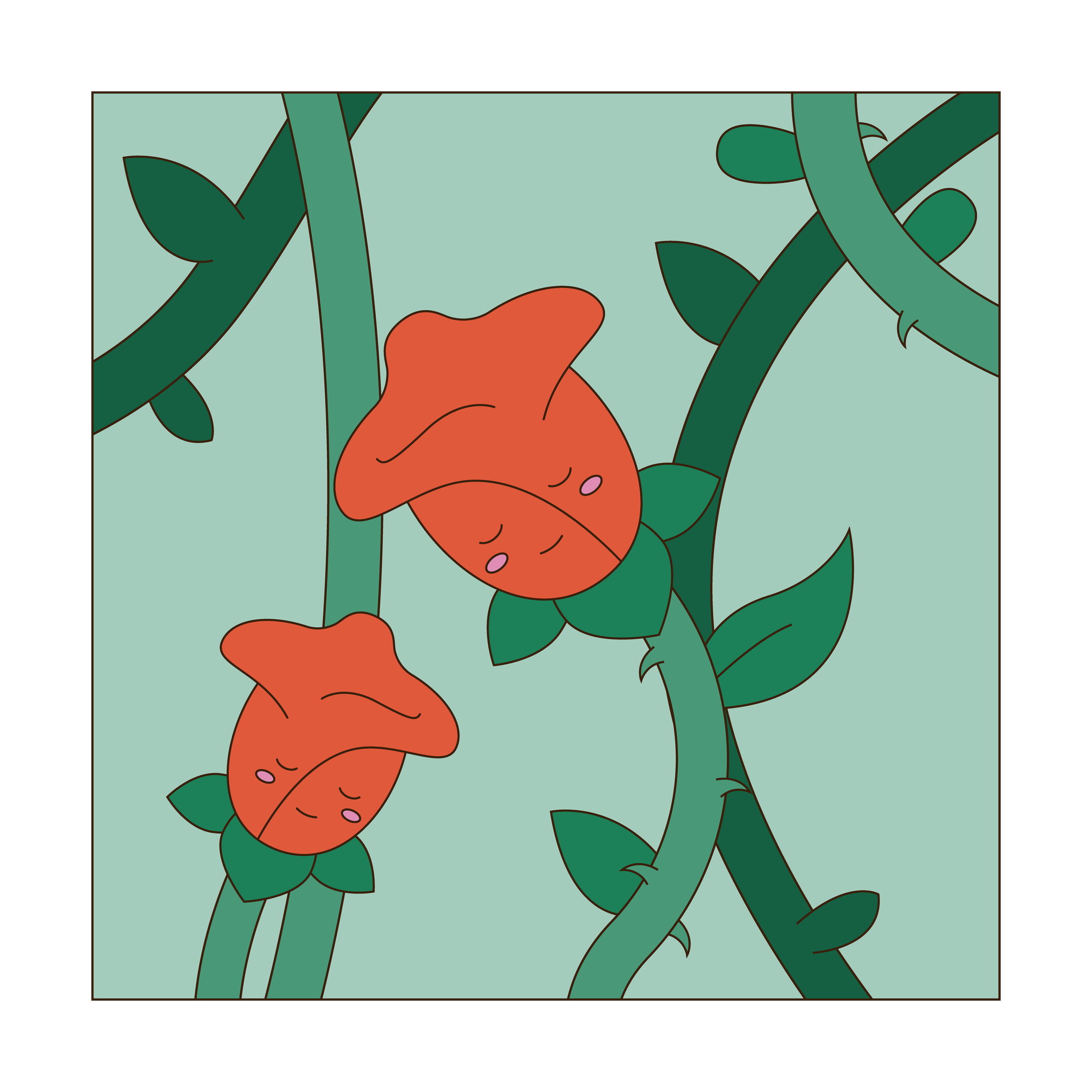 Illustration of two orange flowers with faces and closed eyes, growing on green vines with leaves, set against a light green background.