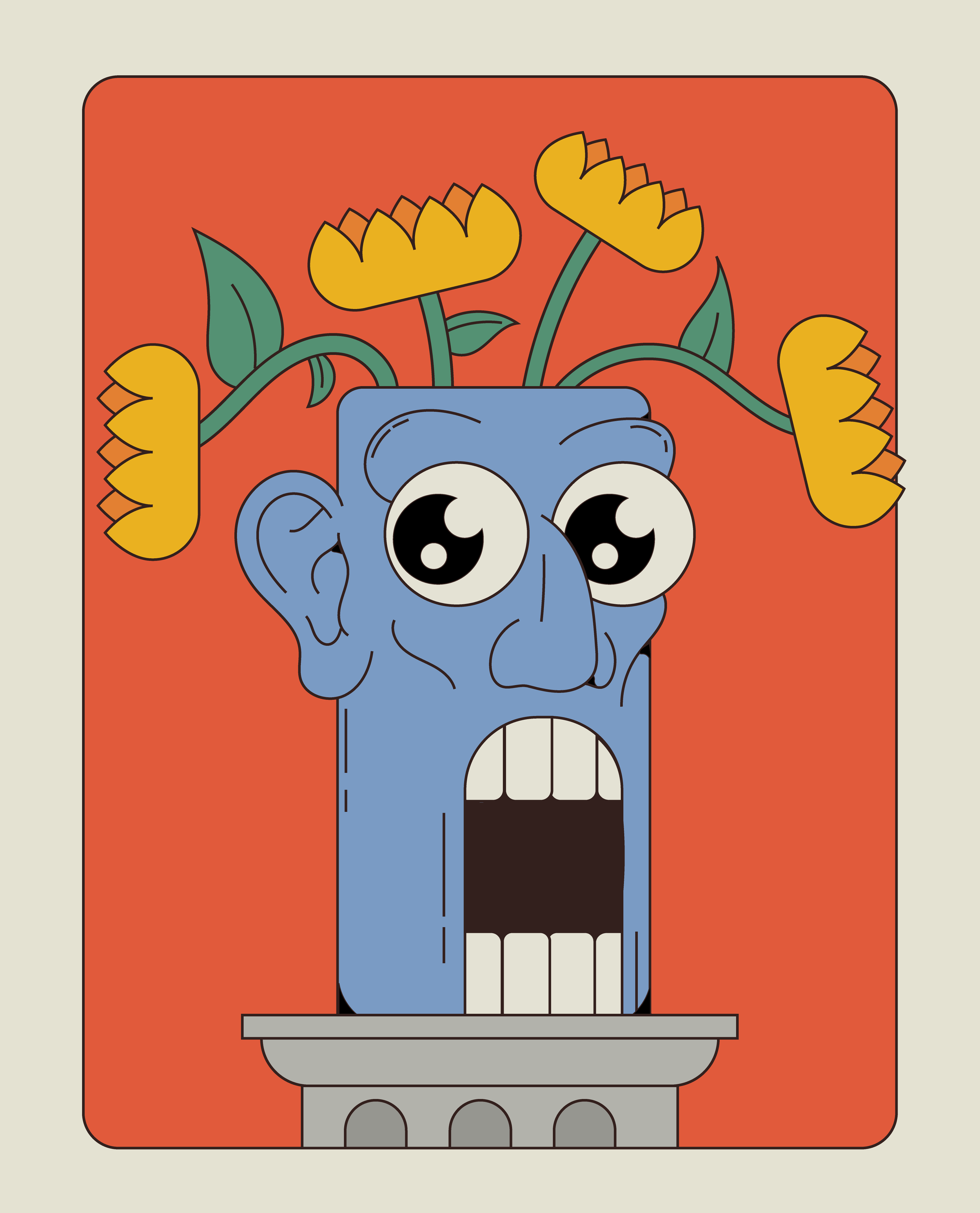 A cartoon blue bust with large eyes, an open mouth, and a head filled with yellow flowers and green leaves against an orange background.