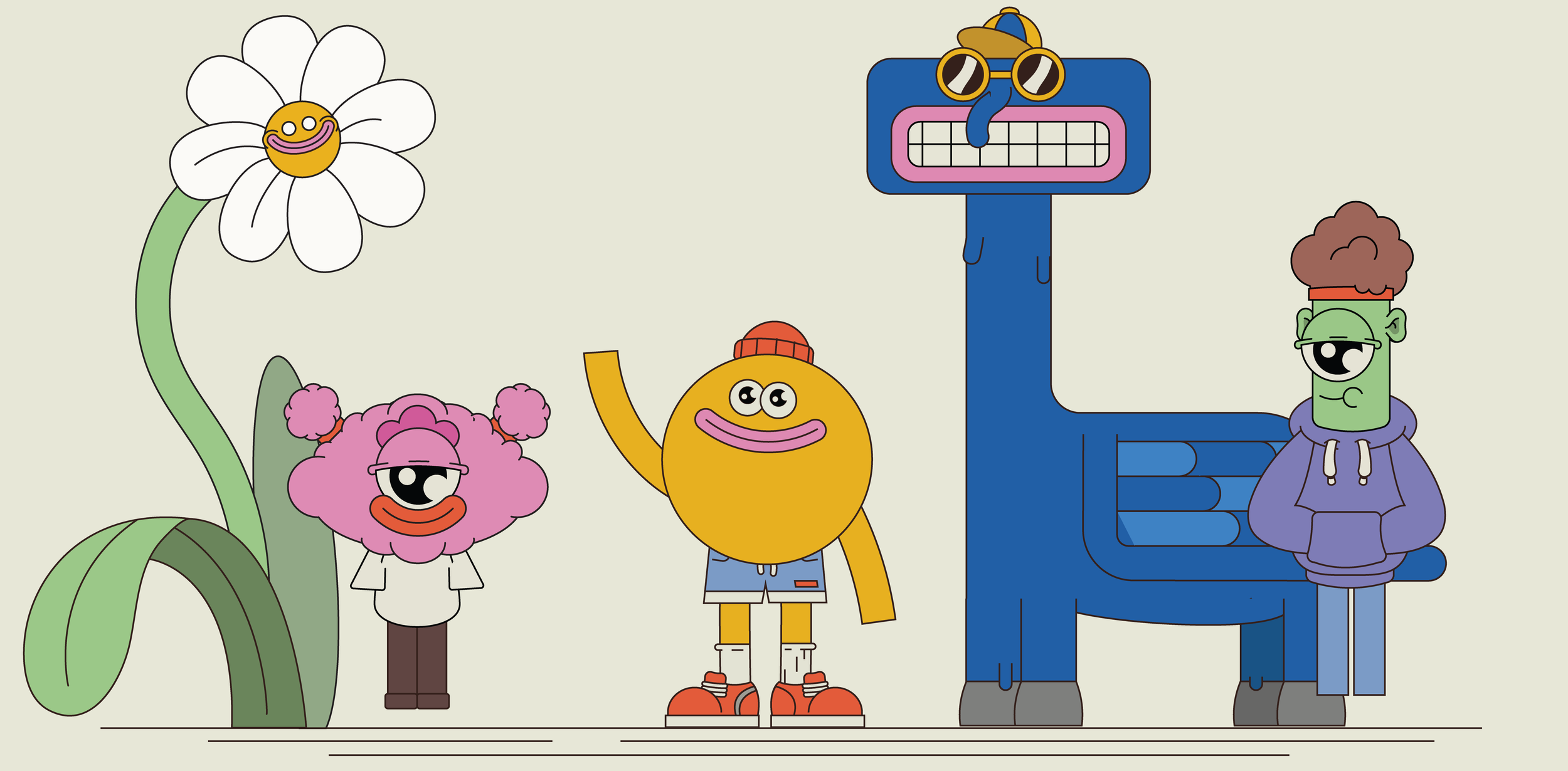 Four cartoon characters stand together: a pink fluffy girl with black eyes and red lips, a yellow round boy with a red cap, an orange rectangular robot with glasses and a tongue sticking out, and a green square-headed boy with curly brown hair and a purple hoodie. There is a large white flower with a smiling face on its yellow center to the left.