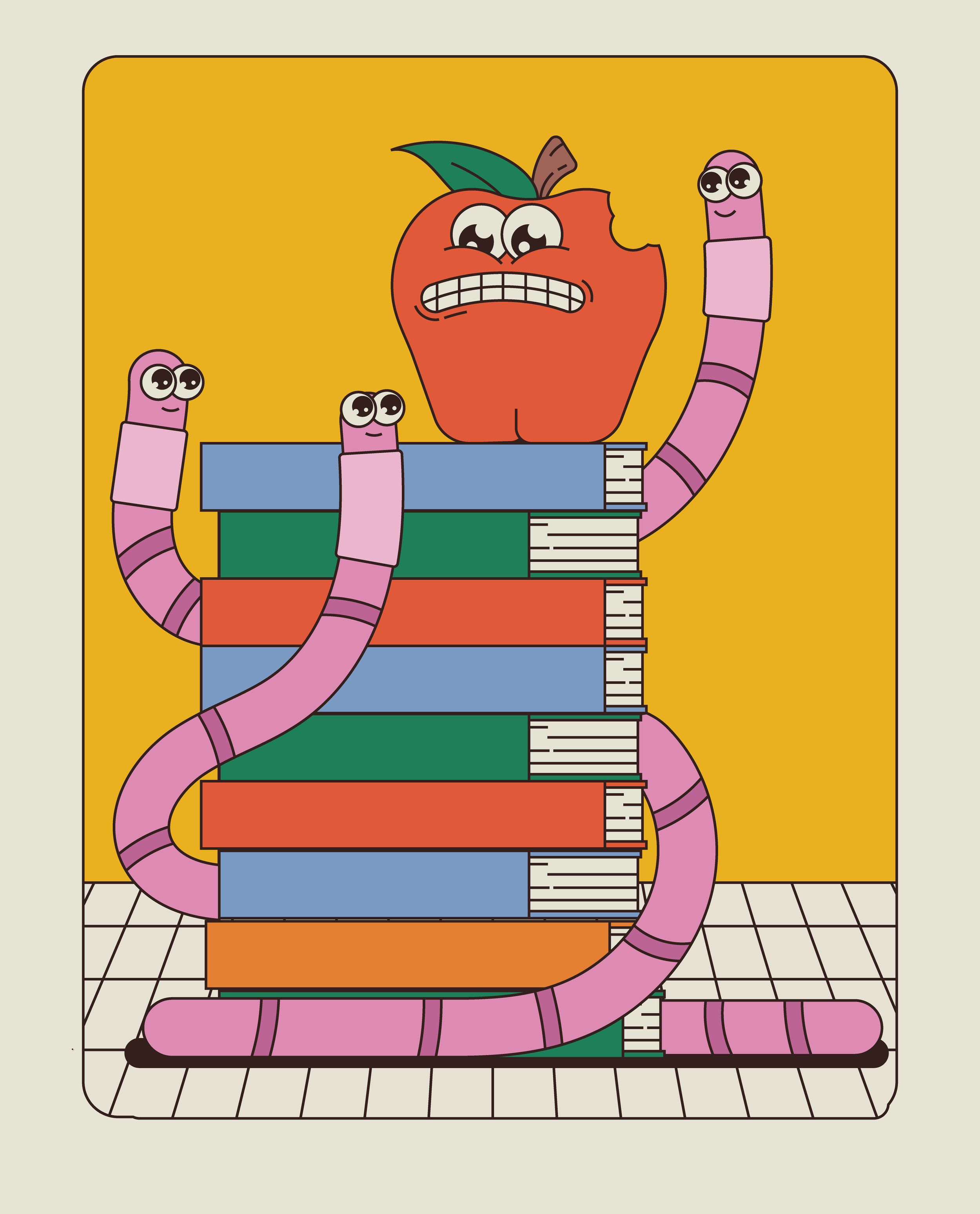A cartoon image of a pink snake with three heads, each with big eyes, wrapped around a stack of colorful books. The snake's head on top resembles an apple with a bitten section, big eyes, and a grumpy facial expression. The background is yellow, and 