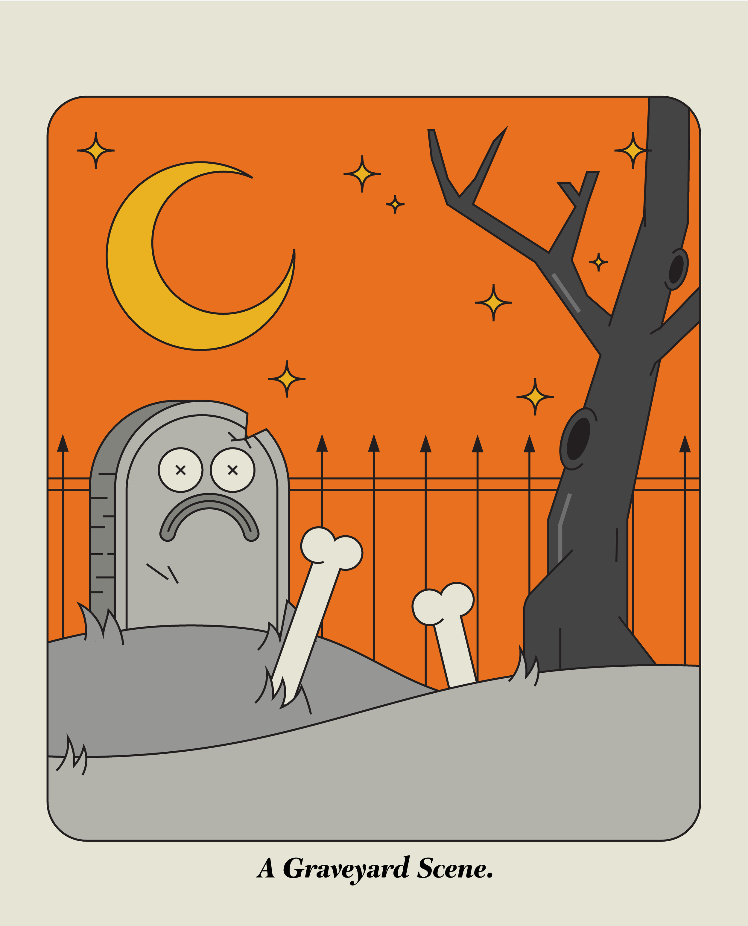 A cartoon illustration of a graveyard scene at night with a crescent moon, stars, a broken gray tombstone with a sad face, a barren tree with holes, and two bones sticking out of the ground. The scene has an orange sky and a black fence in the backgr