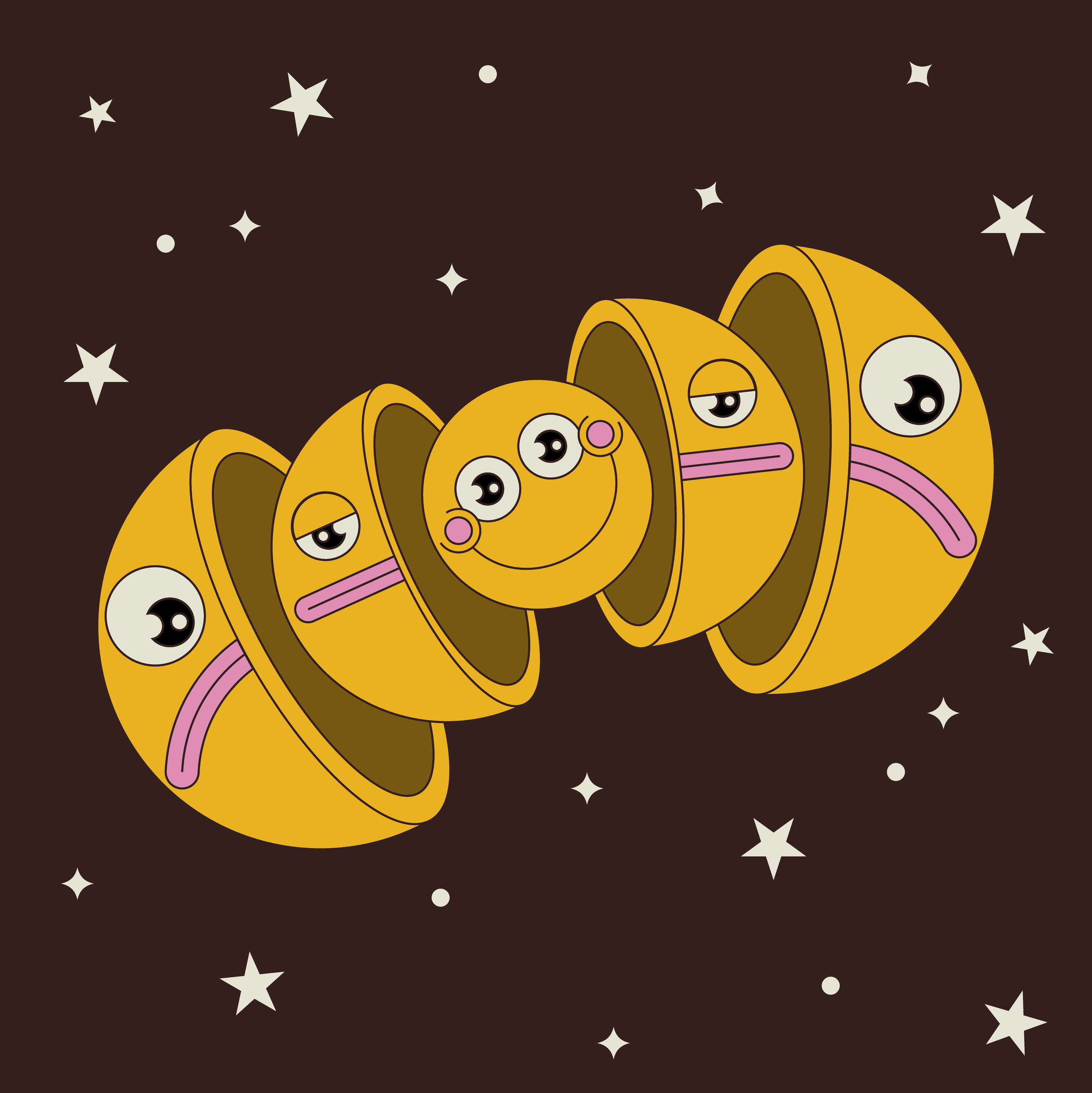 Cartoon image of four yellow smiling faces with eyes, arranged in a row against a dark background with stars, giving a playful and whimsical appearance.