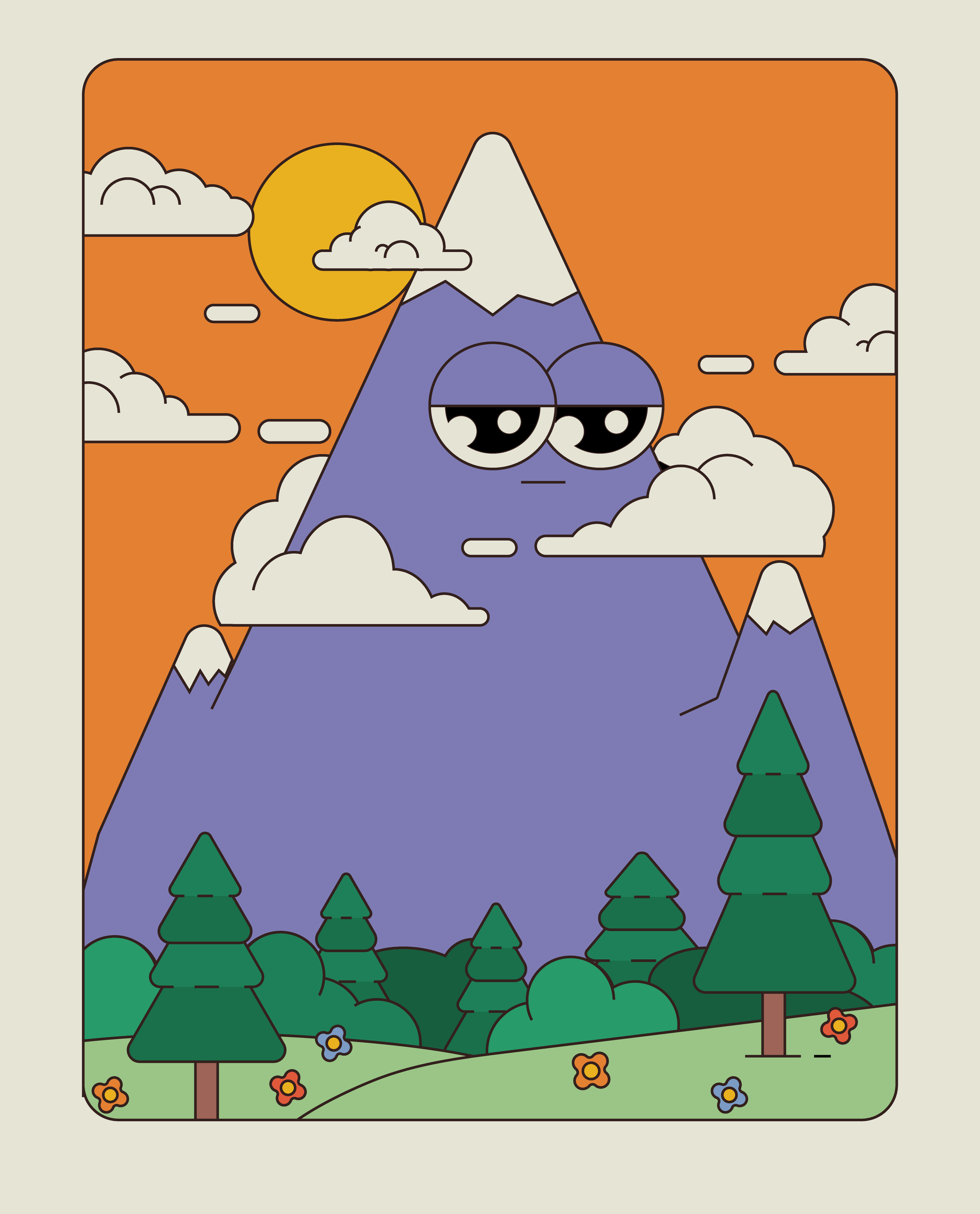 Illustration of a mountain with a face, surrounded by clouds, trees, flowers, and a bright yellow sun in an orange sky.