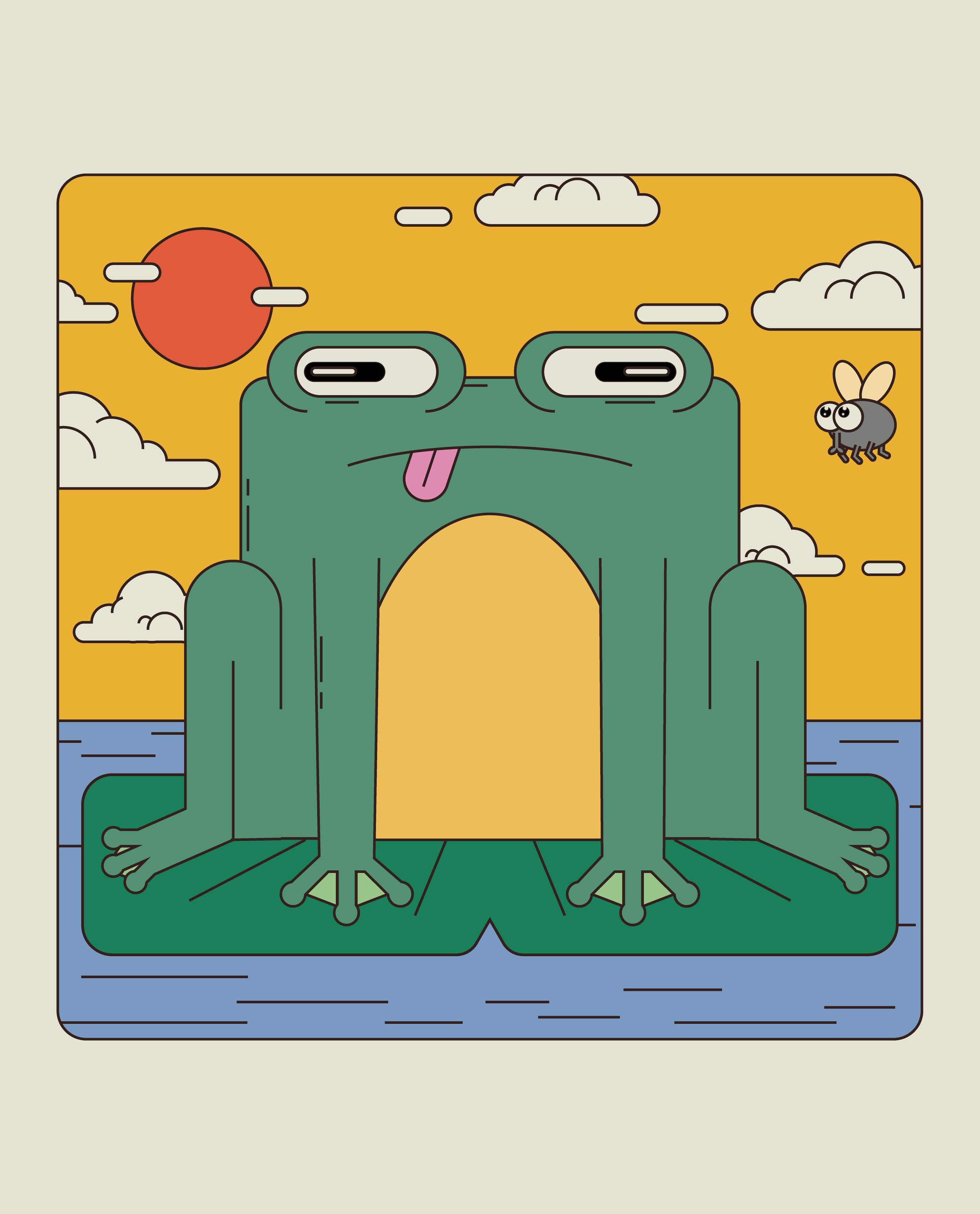 A cartoon frog with a happy expression, sitting in a body of water at sunset, with an orange sky, clouds, a flying bee, and a red sun in the background.
