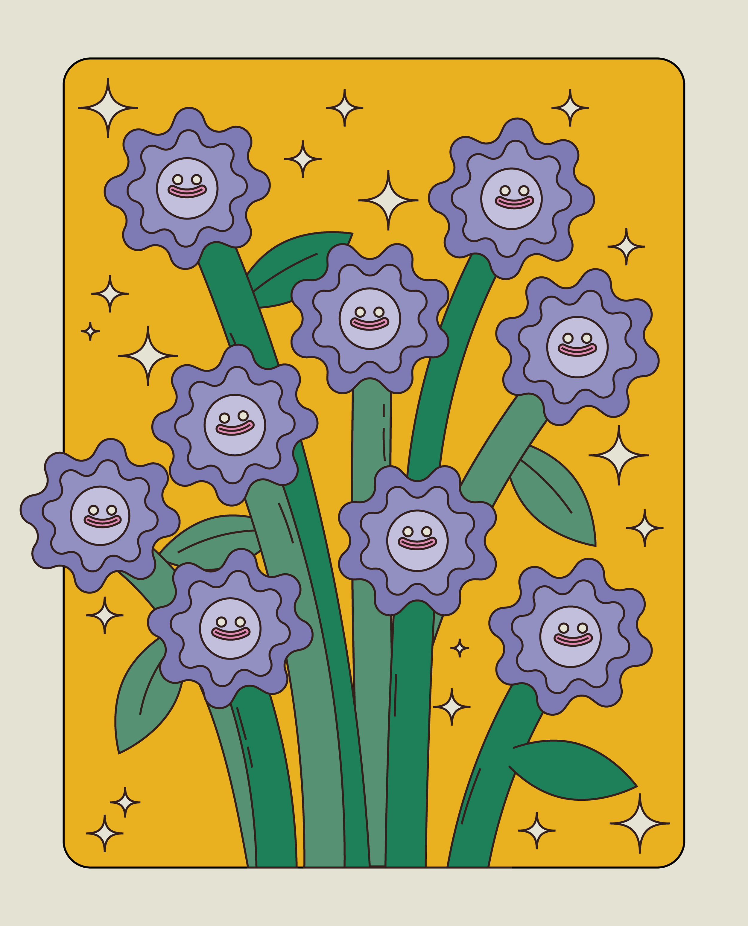 A colorful illustration of purple flowers with smiling faces on a yellow background with stars.