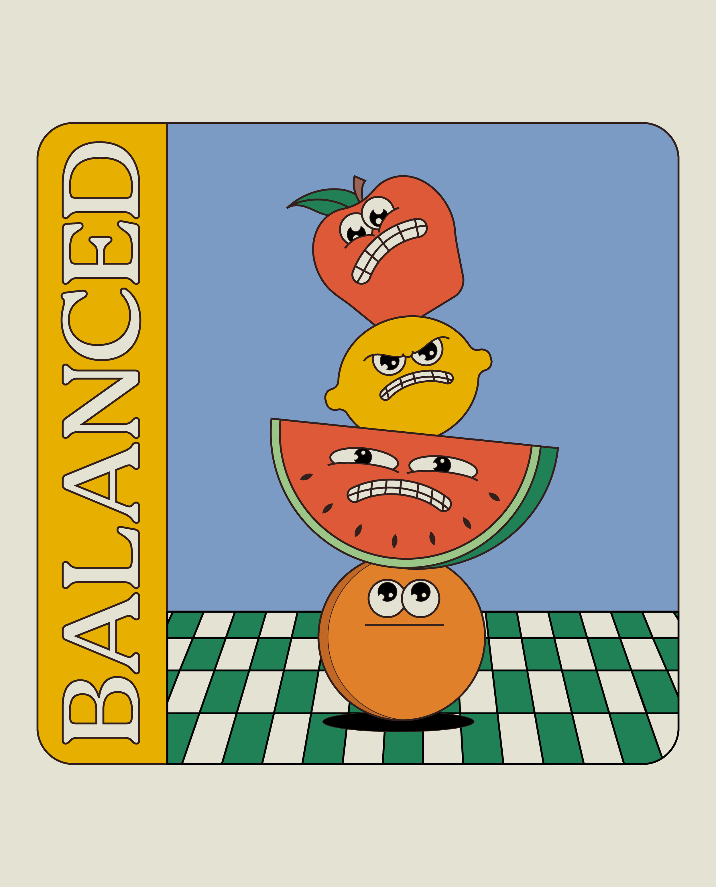 Stacked cartoon fruits with angry faces on a checkered surface, with a music note and "BALANCE D" text on the left.