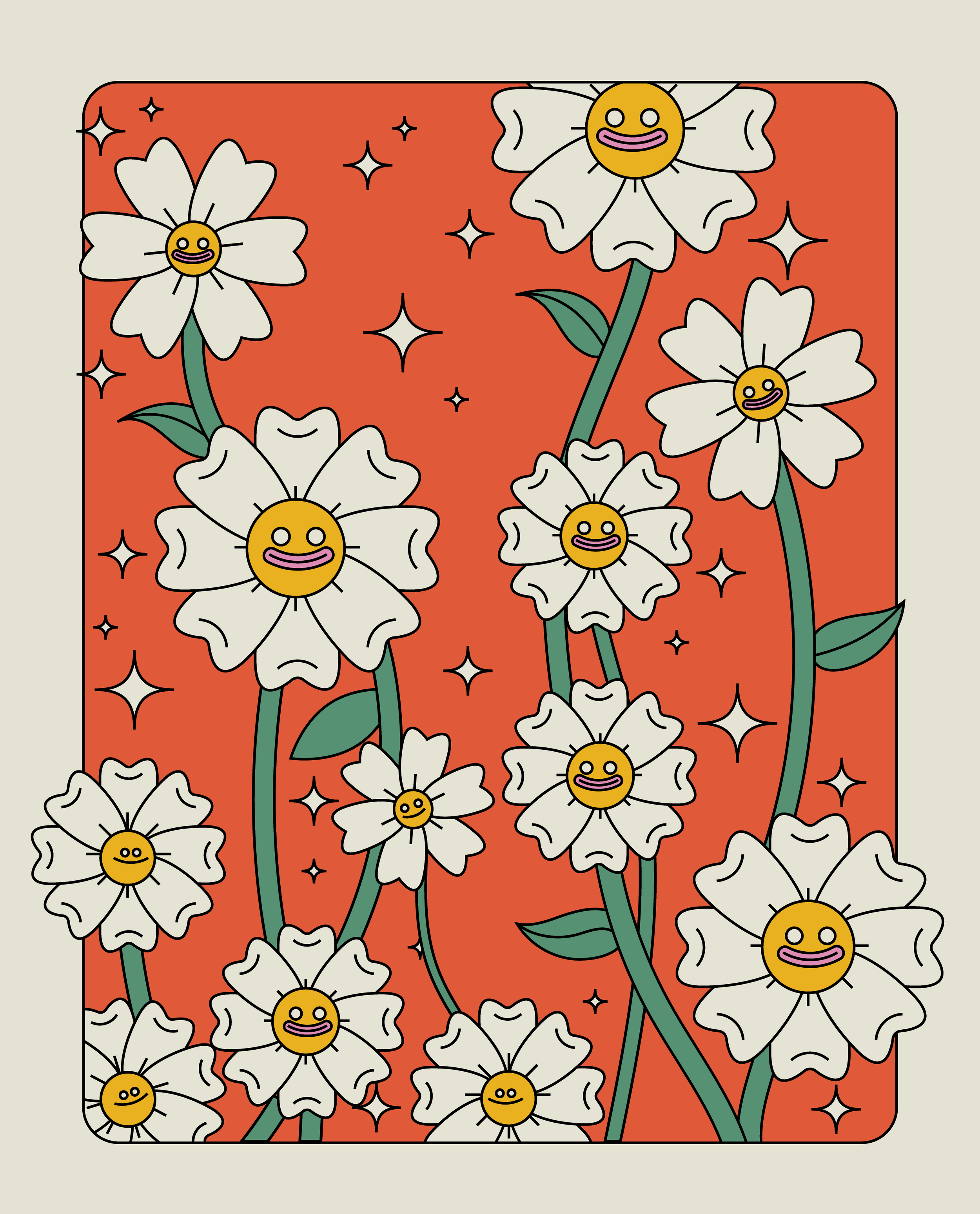 A digital illustration of white flowers with smiling yellow faces, set against an orange background with small star shapes.