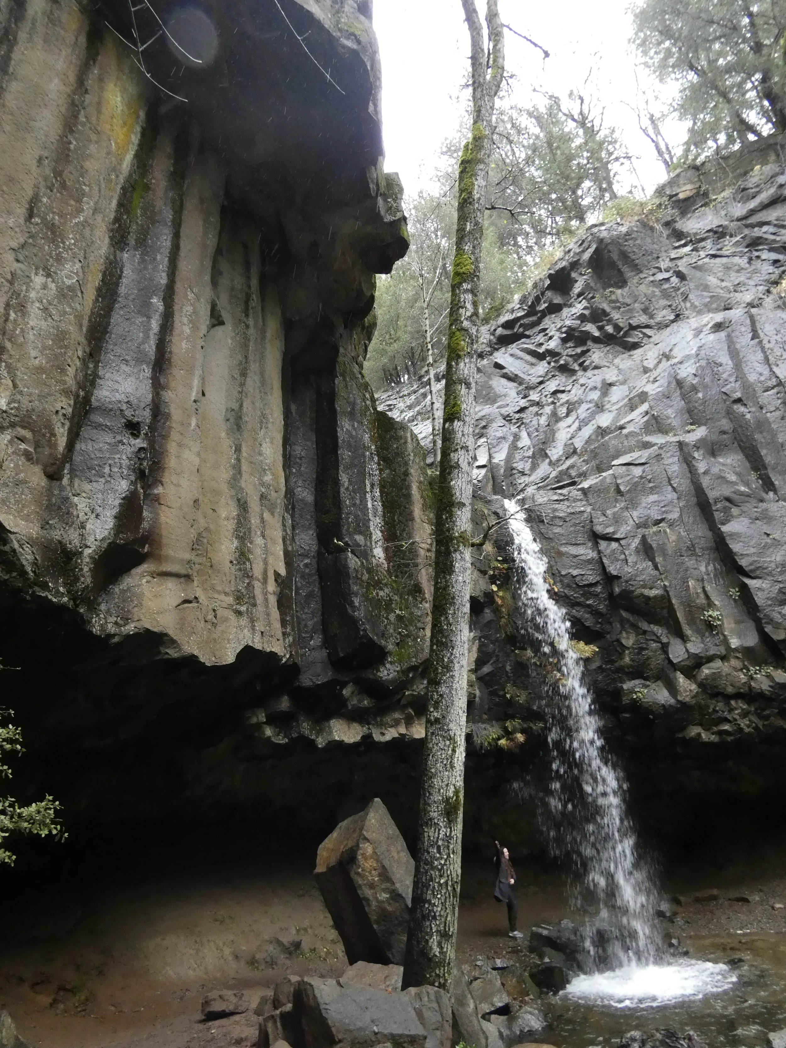 A person standing near a waterfall cascading down a rocky cliff into a pool below, surrounded by trees and rocks in a forest setting.