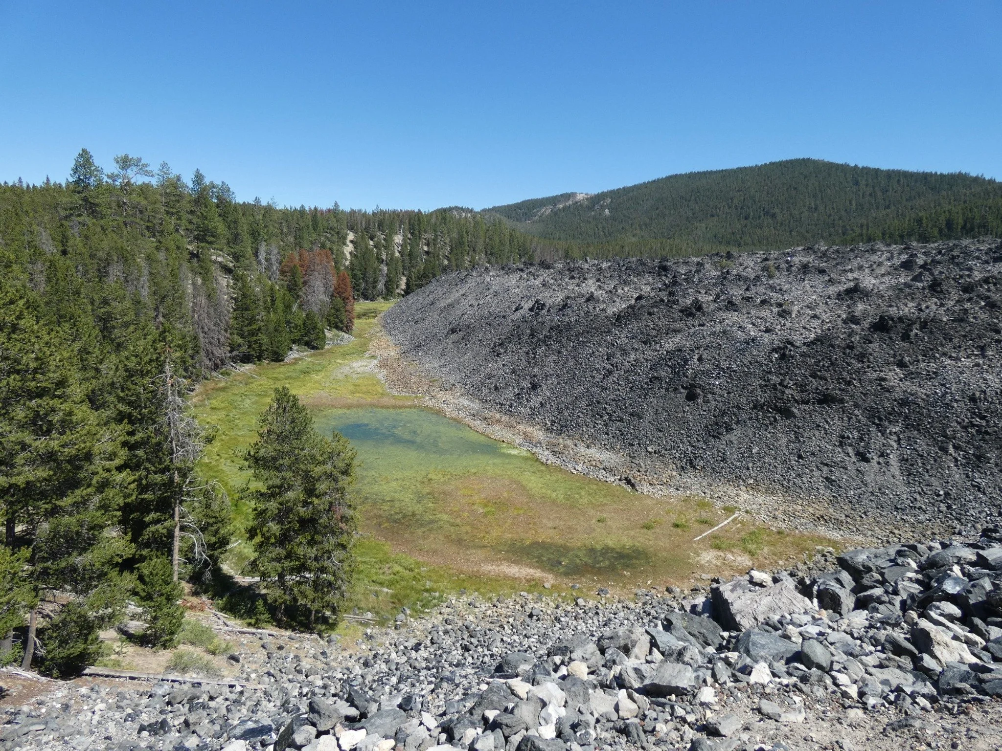 A landscape with a small green pond surrounded by trees, with a large dark volcanic ash deposit on one side and mountains in the background under a clear blue sky.