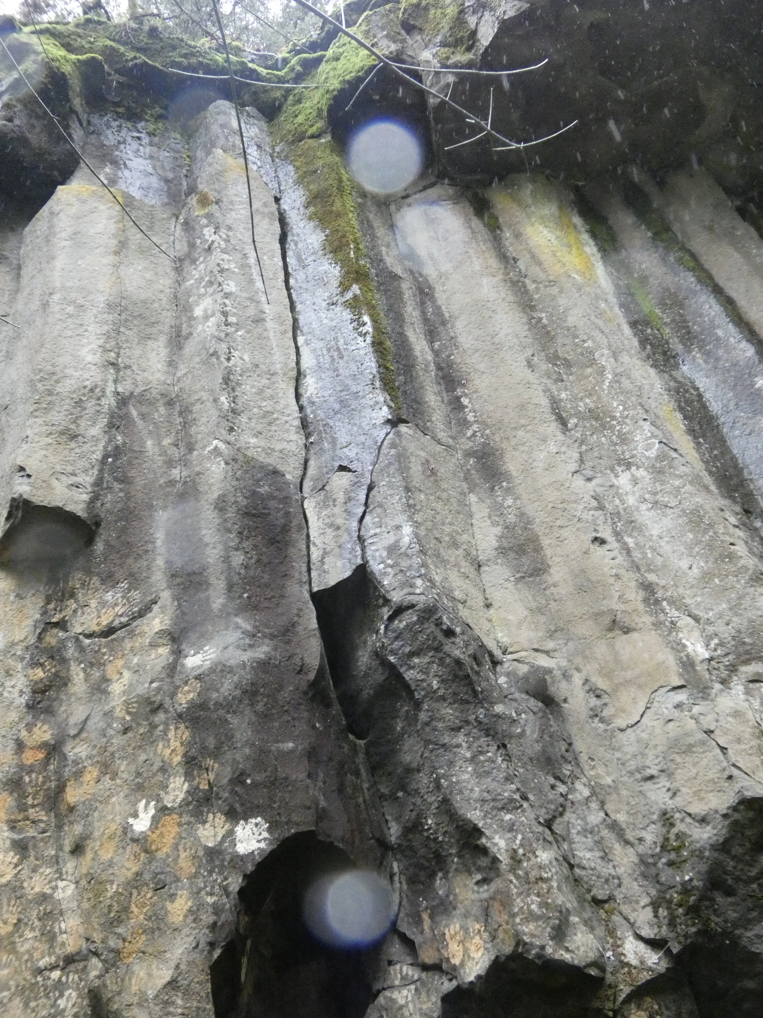 The image shows a rugged rock wall with a narrow opening or cave at the bottom. The rocks are grayish with patches of moss and lichen, and there are thin tree branches and some greenery at the top. The surface appears textured with cracks and crevice