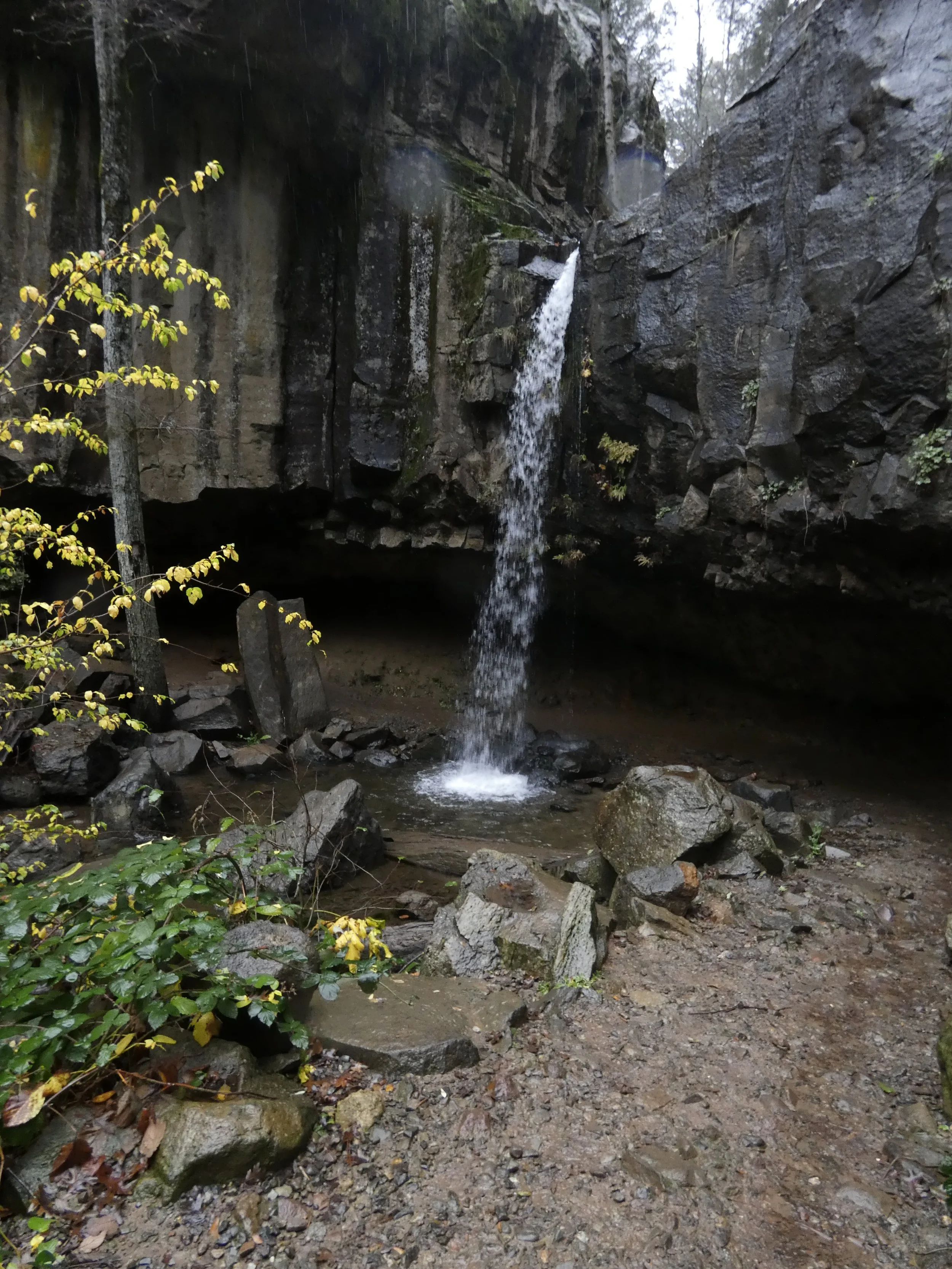 A small waterfall in a rocky and wooded area, with water flowing down a cliff into a shallow pool below. Surrounding rocks and trees, some with leaves, are visible.