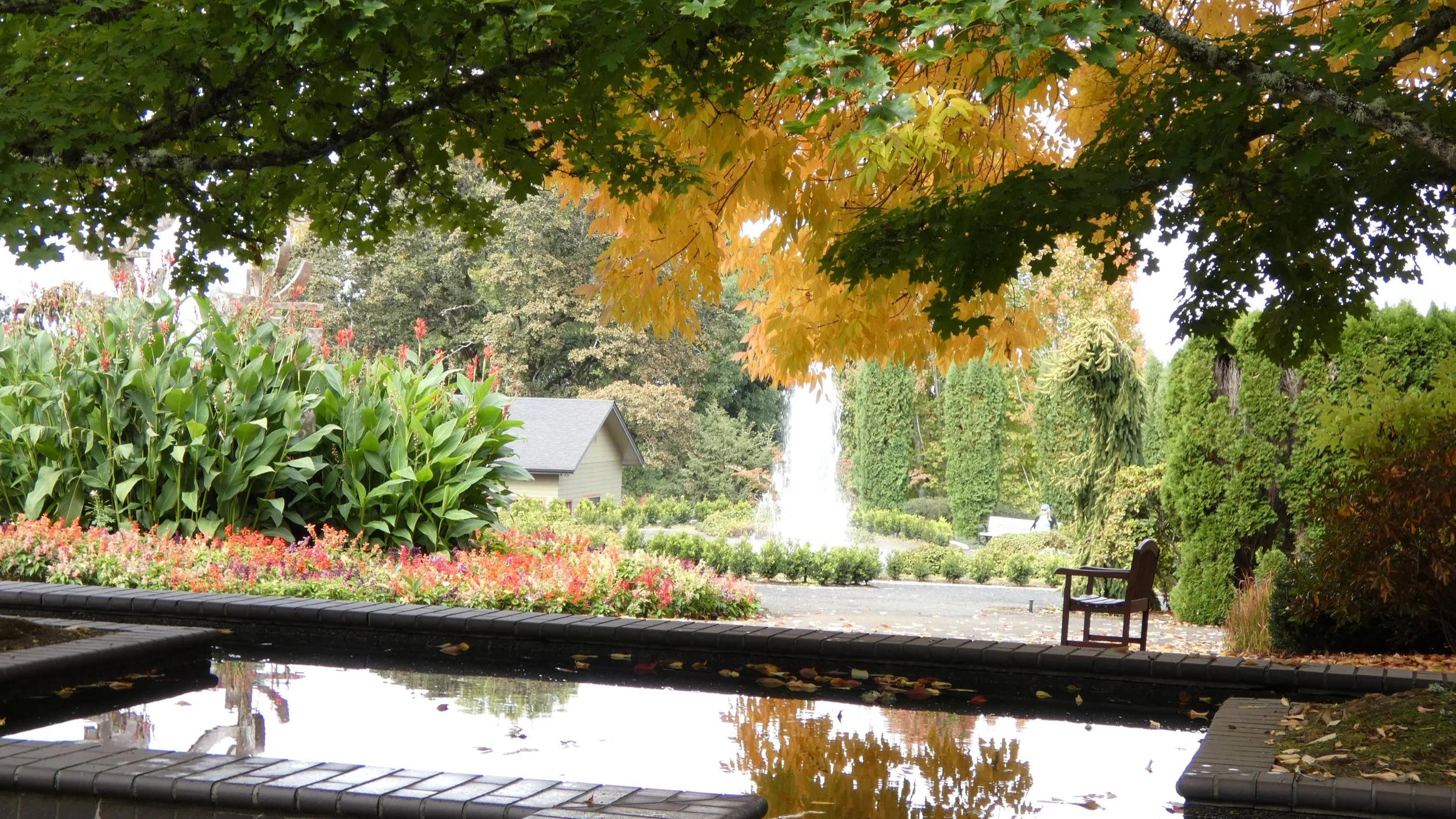 A peaceful garden scene with colorful flowers, lush green trees, a fountain in the background, and a wooden bench beside a small pond.
