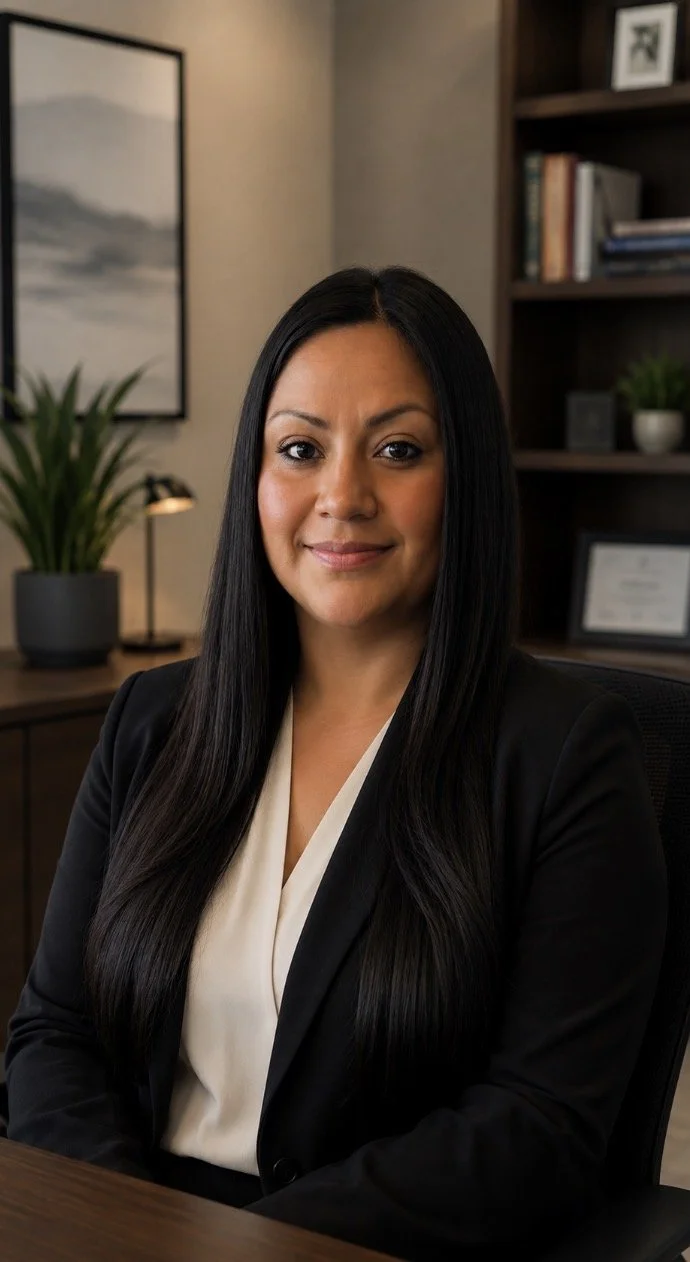 Professional woman with long black hair sitting at a desk in an office, immigration consultant, Mexican beautiful woman, smiling, with bookshelves, framed artwork, a potted plant, and a framed certificate in the background.