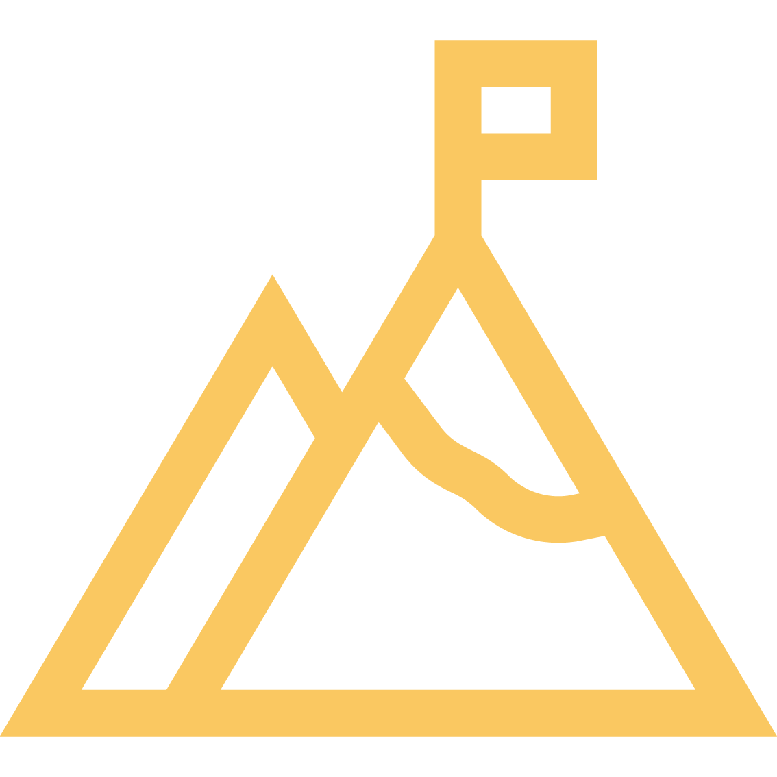 A yellow warning sign with a triangle, a mountain, a winding road, and a flag at the top.