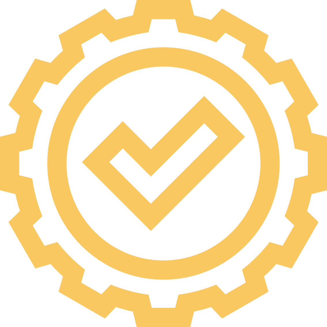 A gold-colored gear with a checkmark inside a circle at the center.
