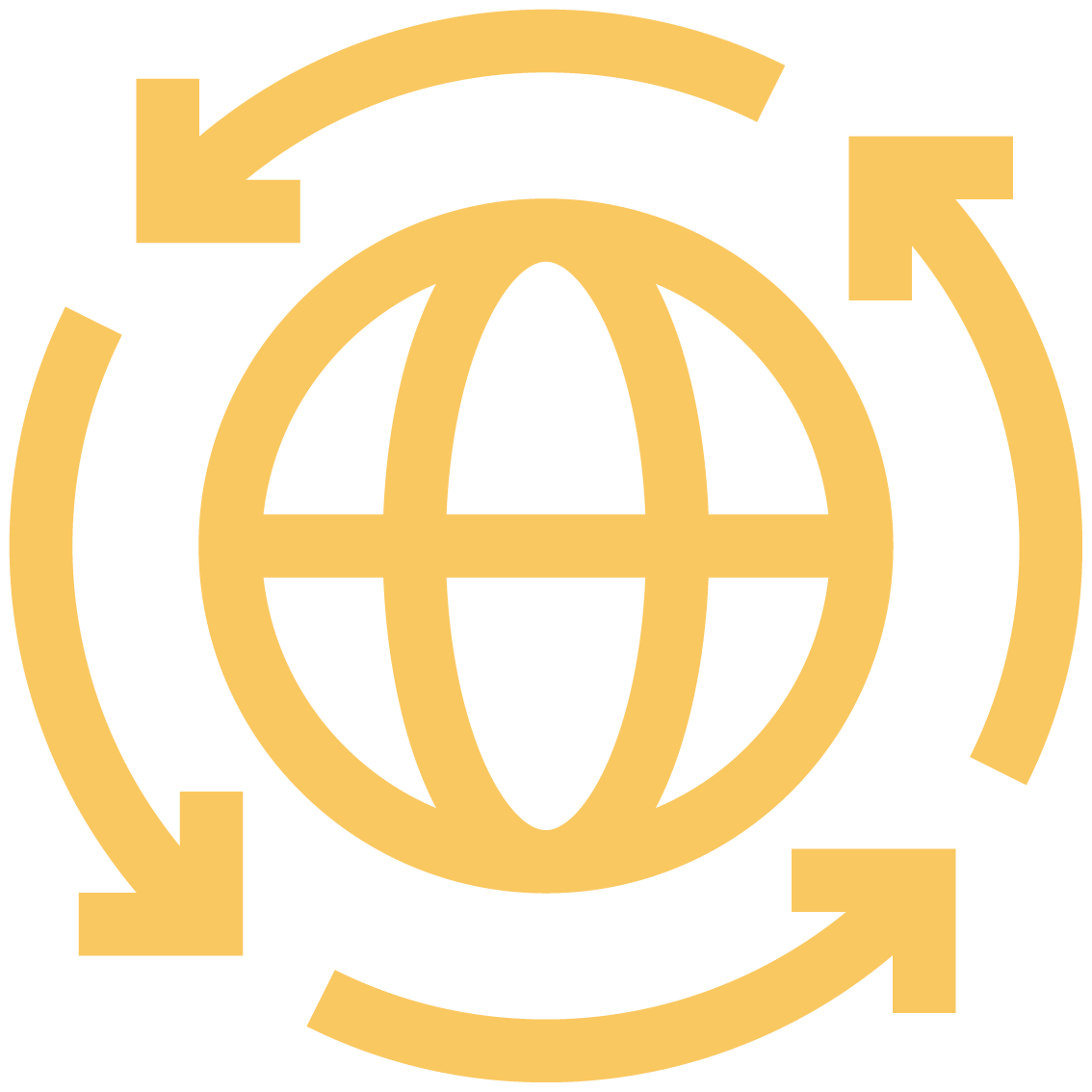 Icon of a globe surrounded by four arrows indicating global connectivity and exchange.