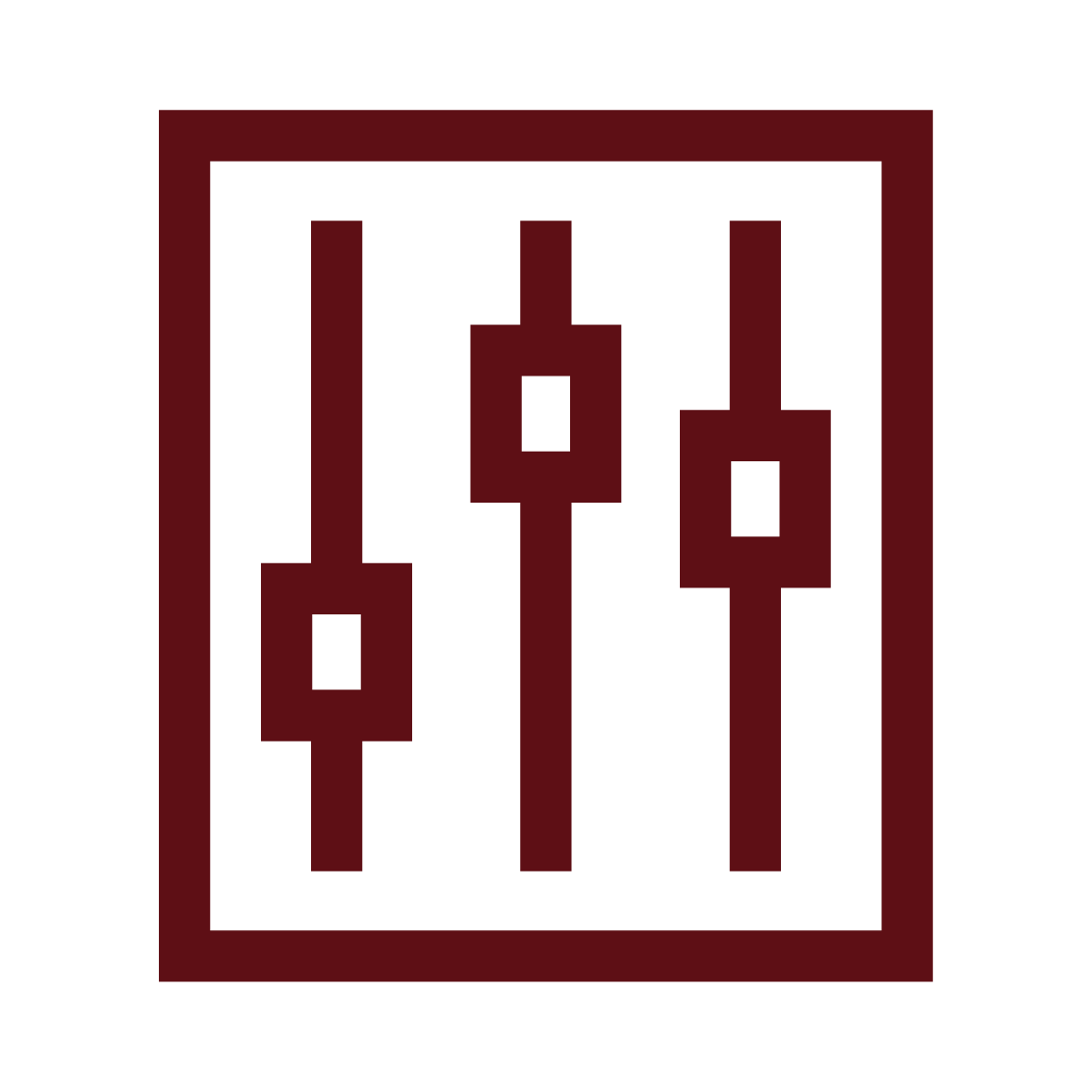 Icon of three red adjustable sliders with knobs inside a red square border.