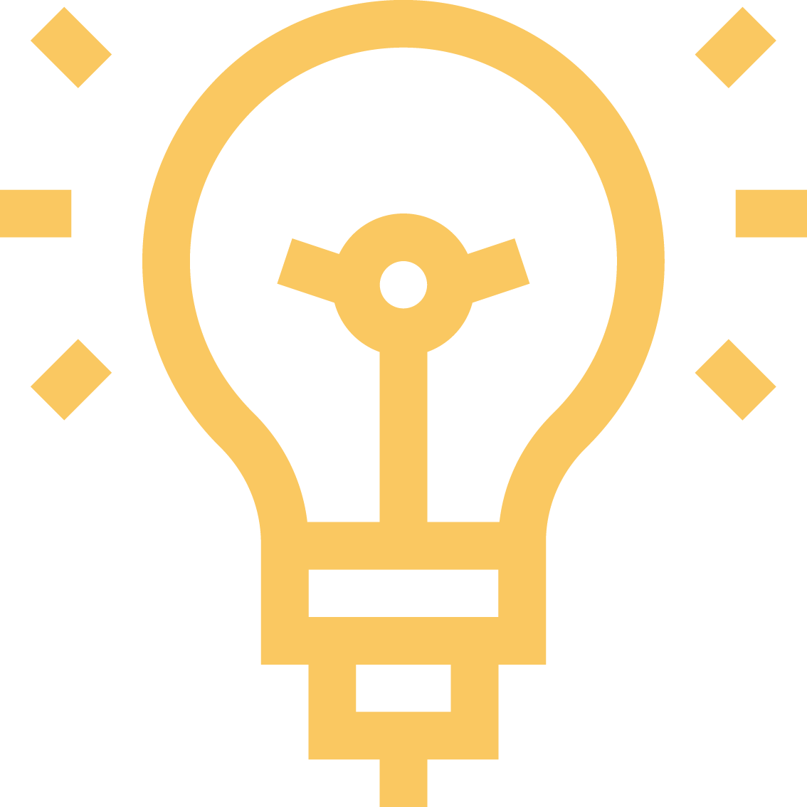 A stylized yellow light bulb with radiating lines on a black background, symbolizing ideas or innovation.