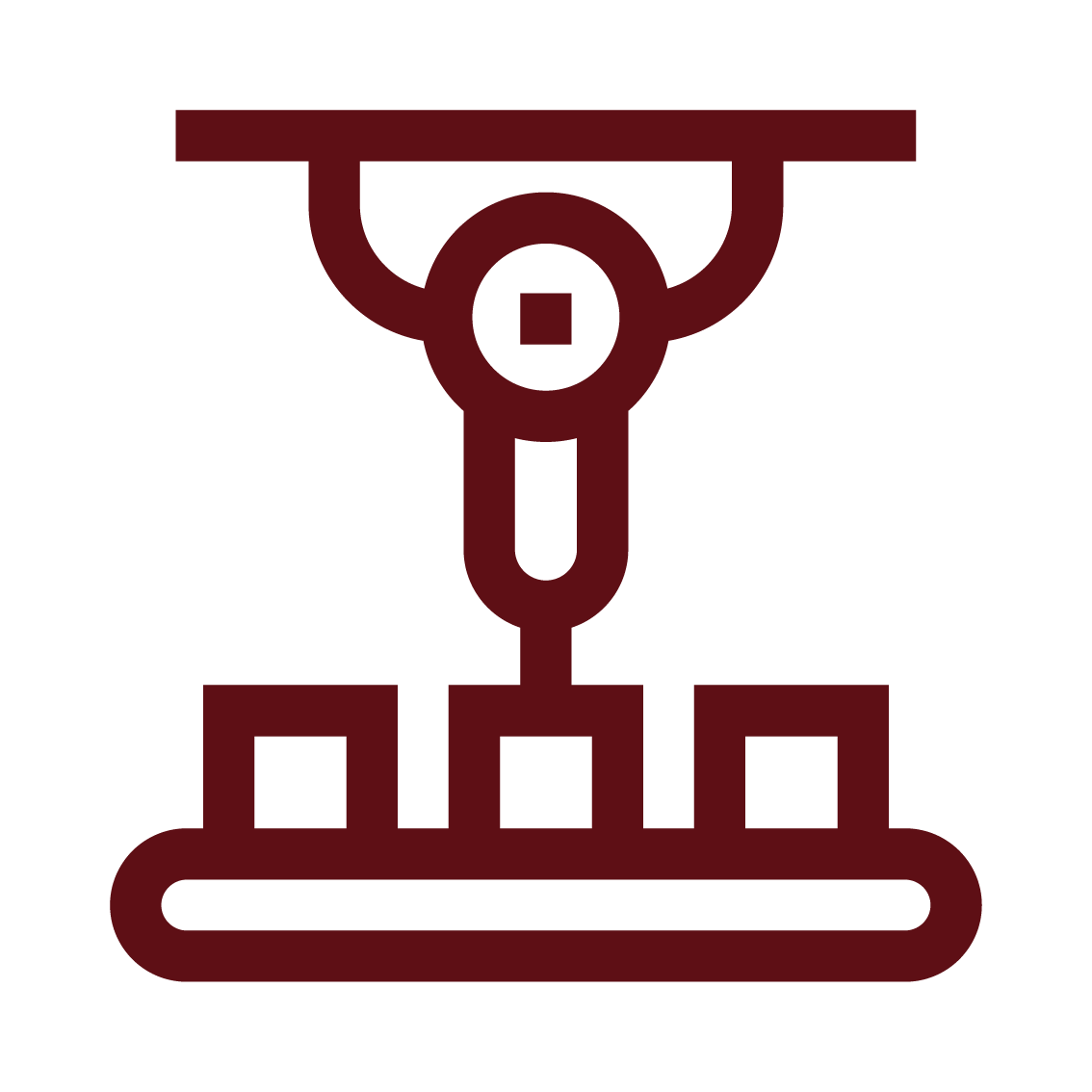 Line drawing of a robotic arm with three claws above a conveyor belt with objects.