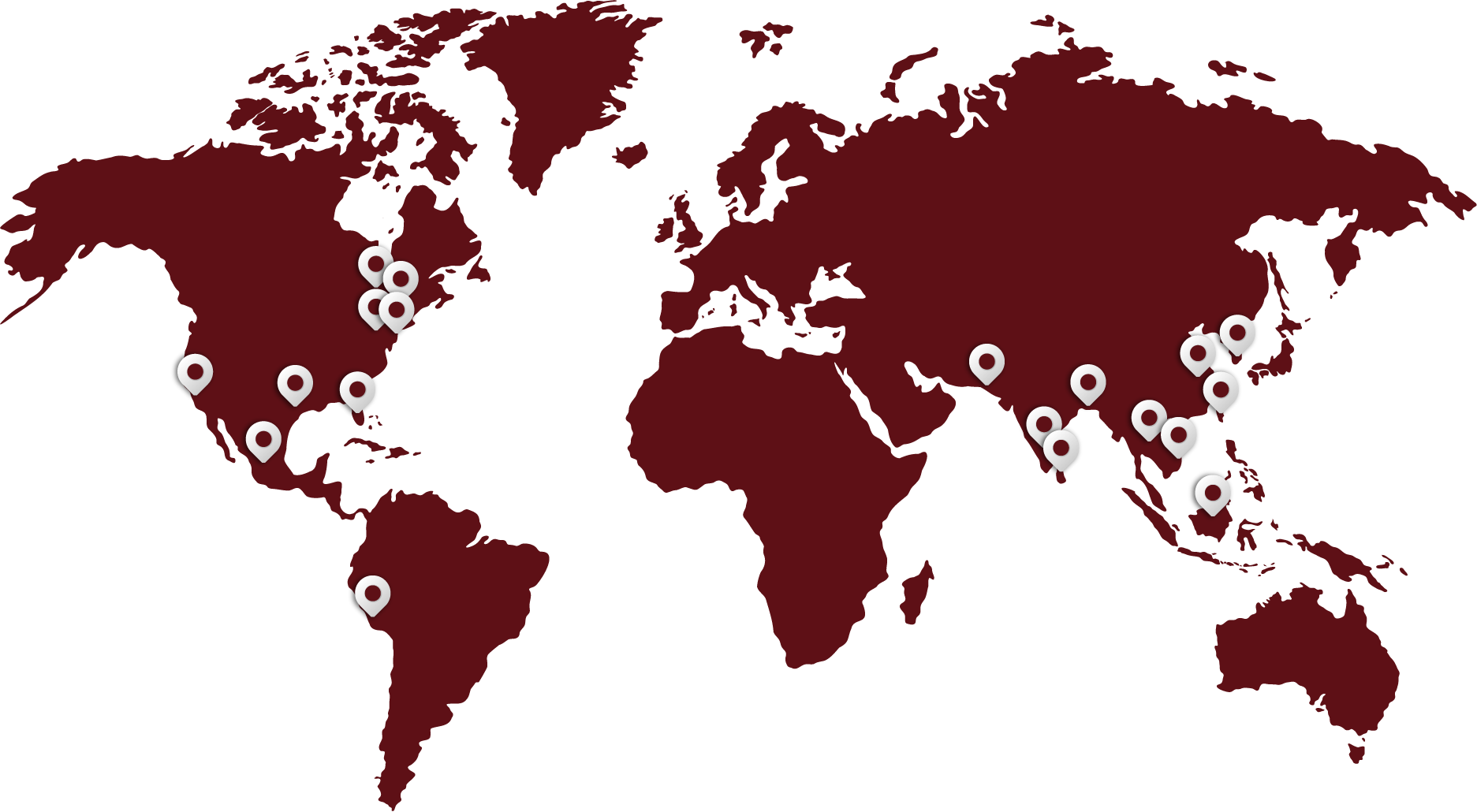 Map with multiple location markers in an area with a dark red background and black outline.