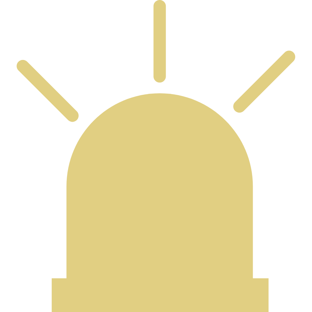 Simplified illustration of a yellow emergency siren with three warning lines radiating from it.