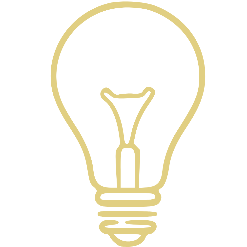 A minimalist line drawing of a light bulb with a filament on a black background.