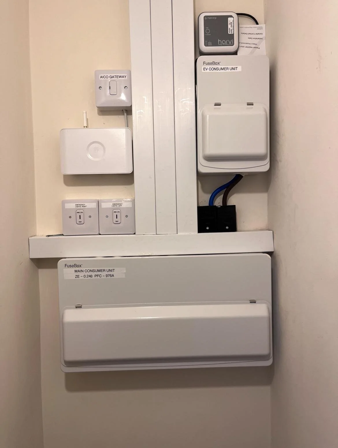 Electric utility panel with various switches, a digital display, and labels for different units including a main consumer unit and EV consumer unit.