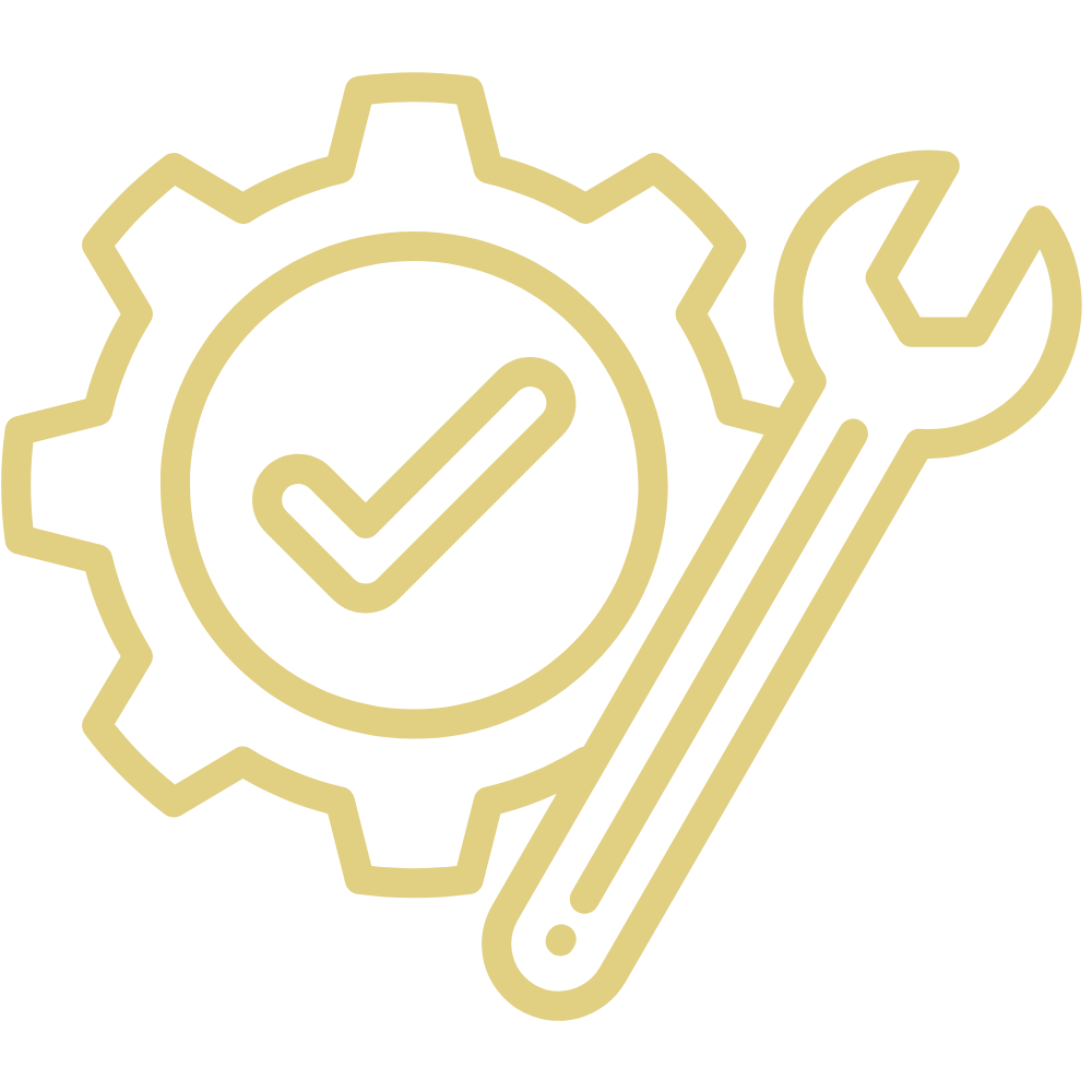 Gear icon with a check mark inside, accompanied by a wrench, symbolizing maintenance or system operation.