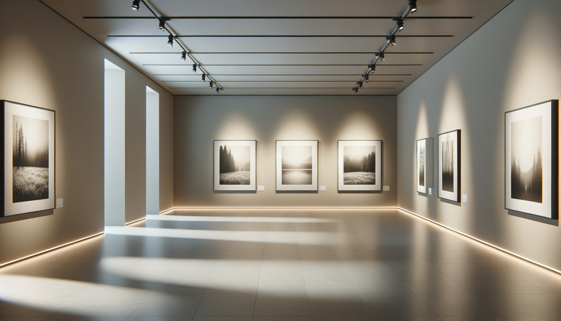 Modern art gallery interior with framed landscape photographs showcased under studio lighting.