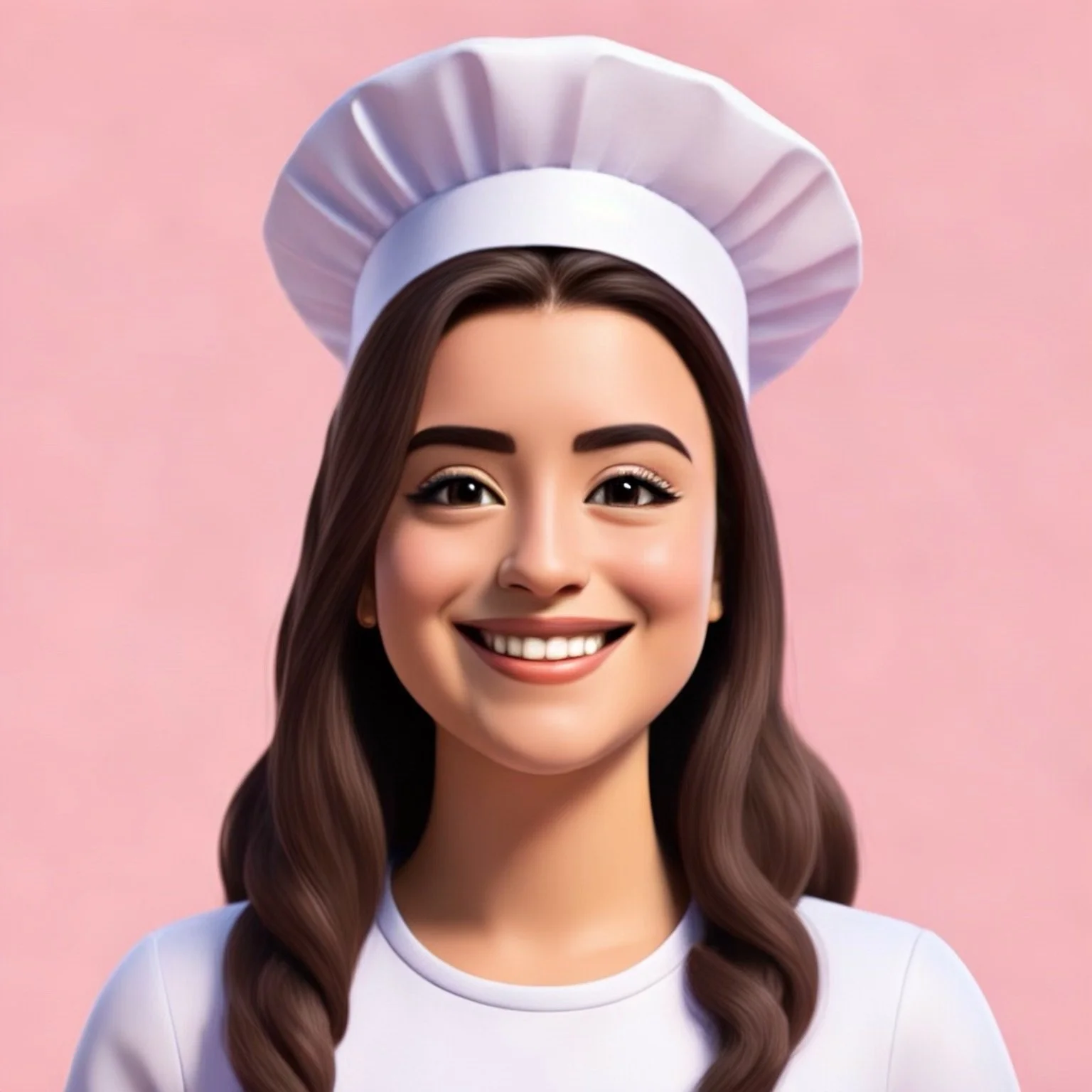 A female chef with long brown hair and a white chef hat, smiling against a pink background.