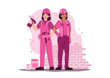 Two women in pink construction outfits holding hands, standing next to a brick wall and construction tools.
