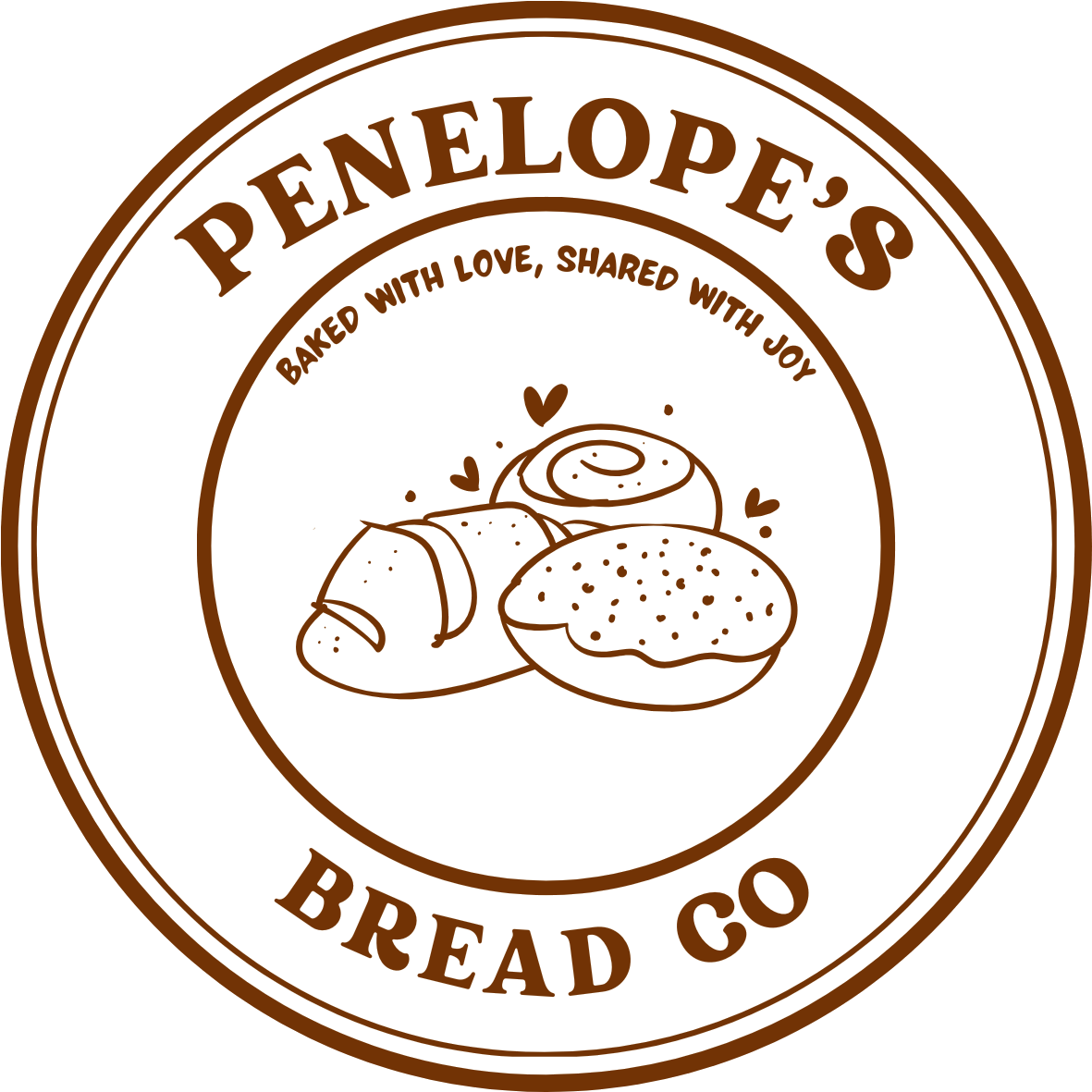Logo for Penelope's Bread Co with illustrations of bread, a croissant, and a cookie, and the text "Baked with love, shared with joy".