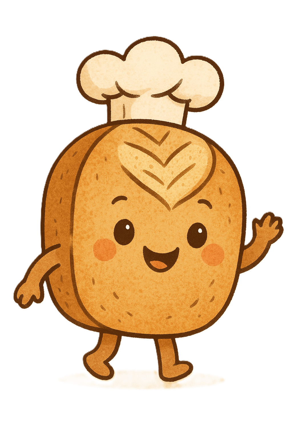 A cute cartoon bread character with a smiling face, rosy cheeks, and a chef's hat, waving cheerfully.