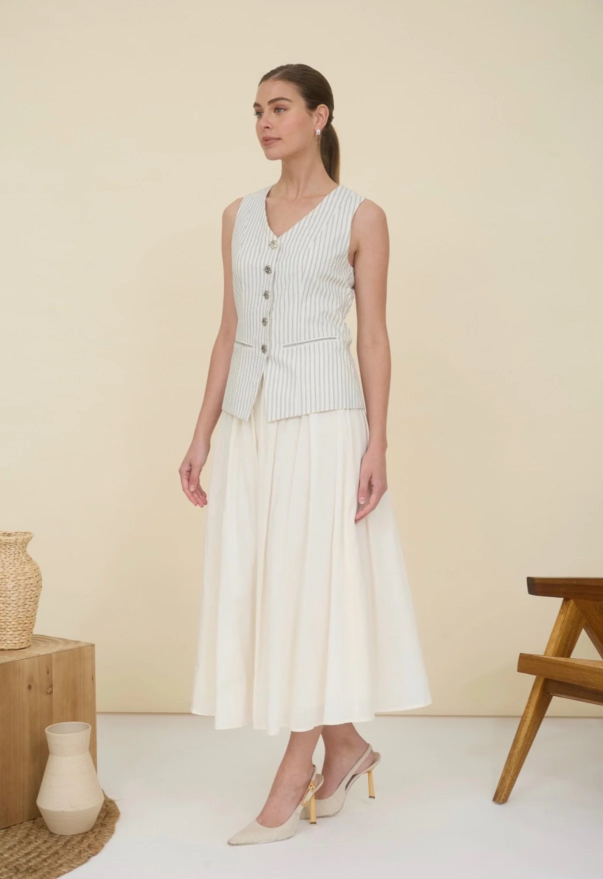 Elegant Cream Linen Vest & Skirt Dress